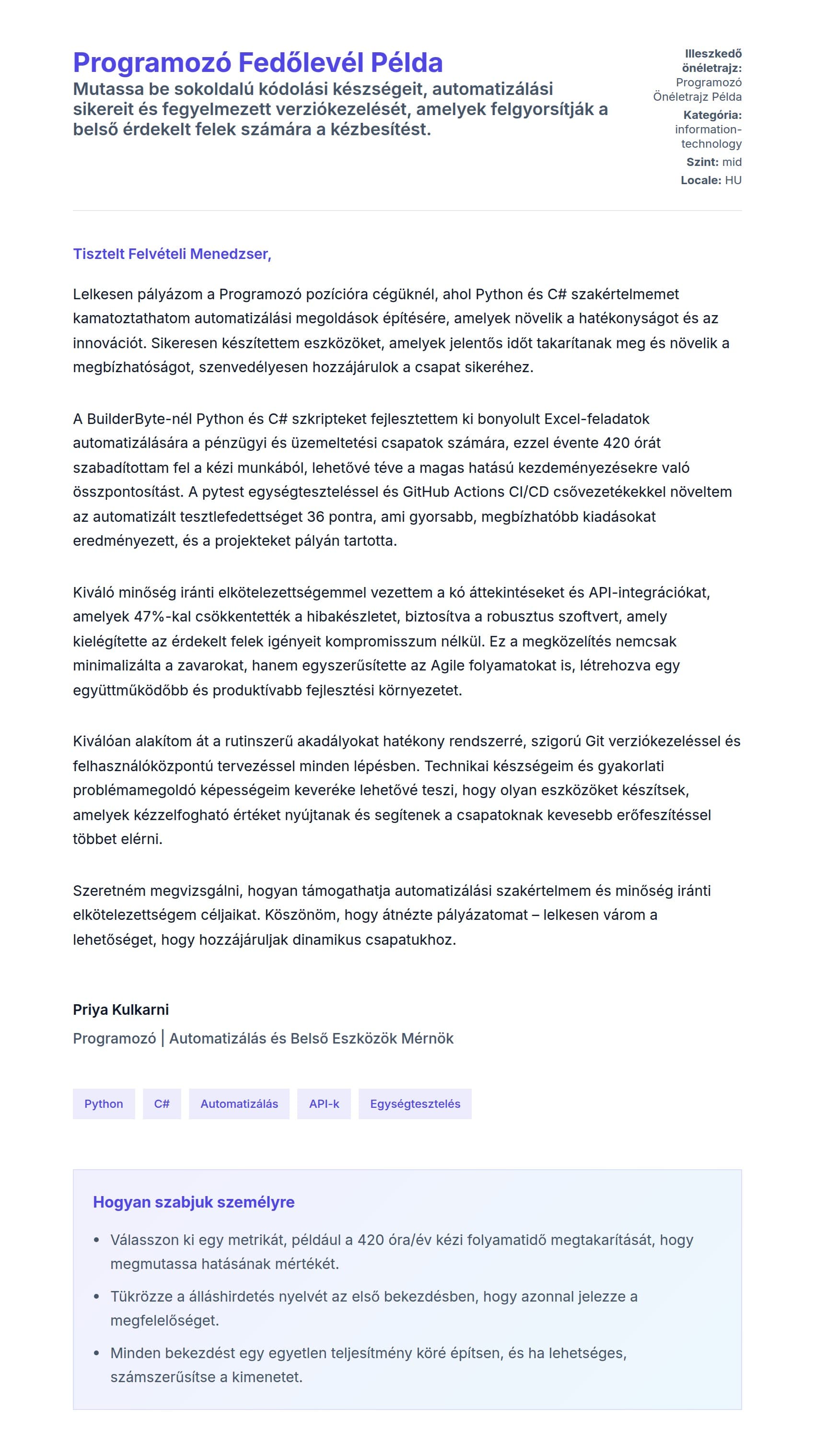 Kísérőlevél előnézet Programozó Fedőlevél Példa számára