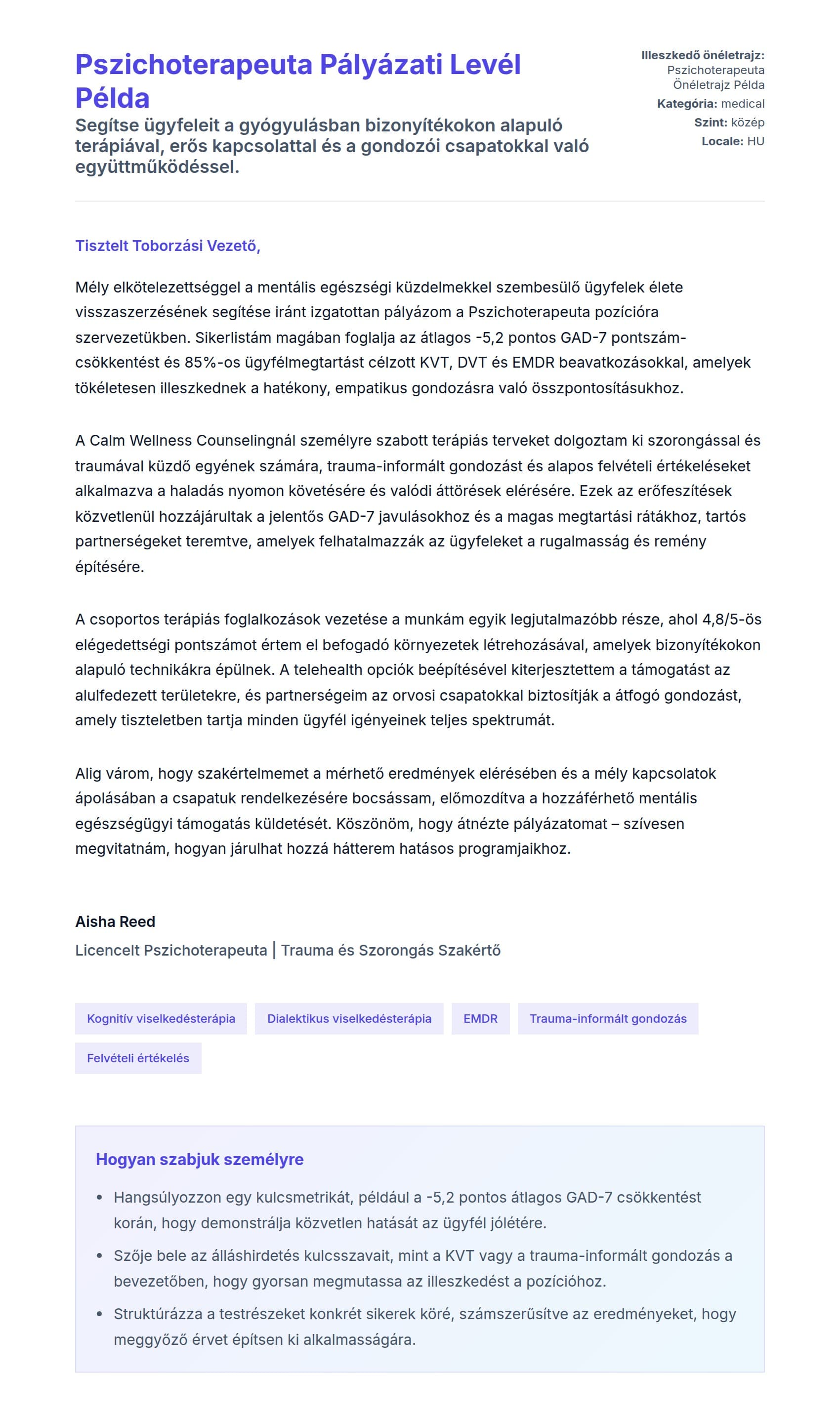 Kísérőlevél előnézet Pszichoterapeuta Pályázati Levél Példa számára