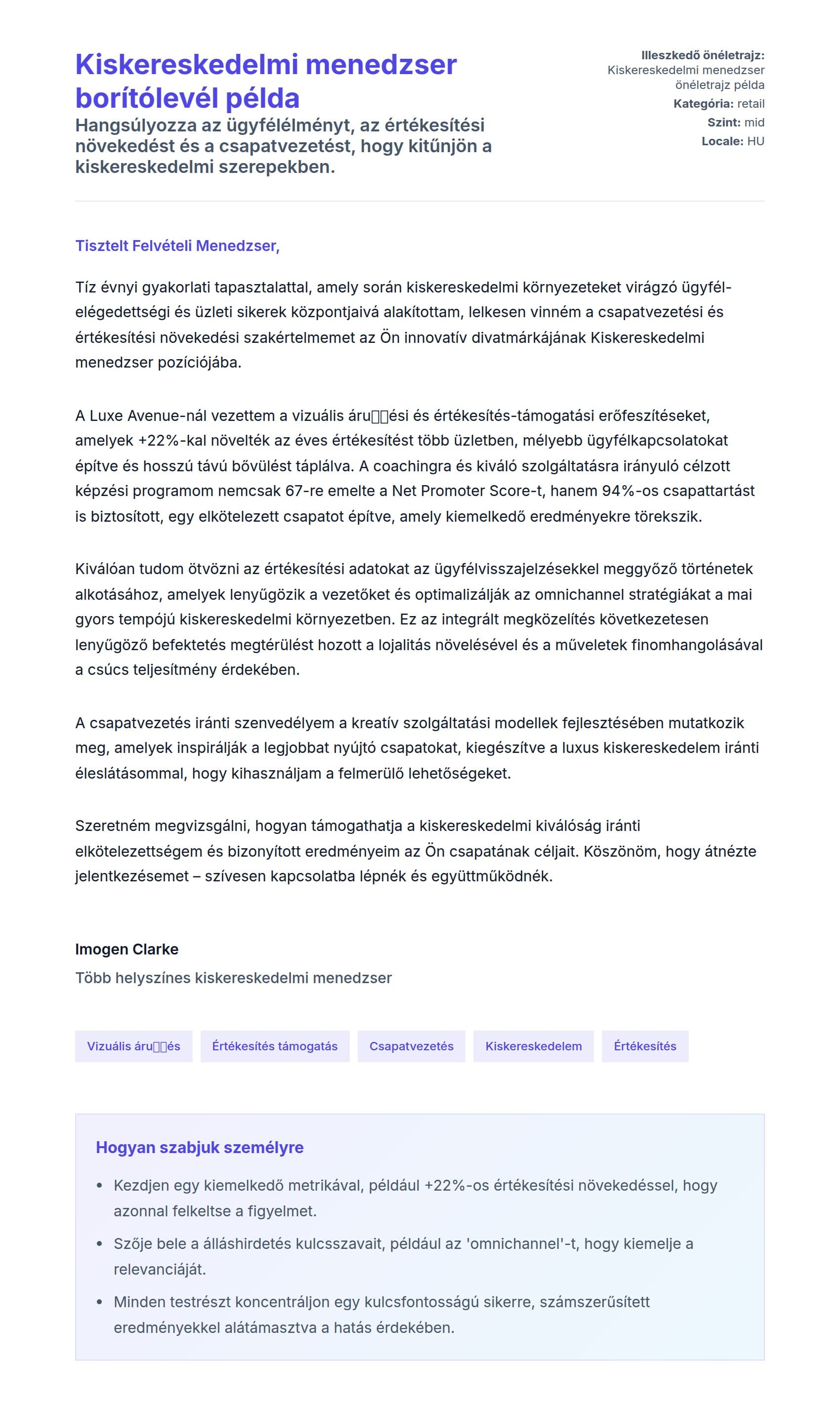 Kísérőlevél előnézet Kiskereskedelmi menedzser borítólevél példa számára