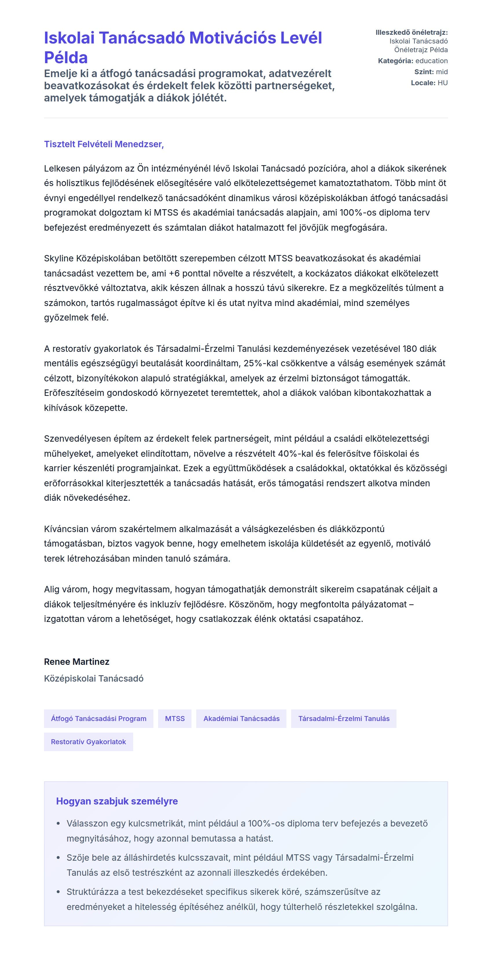 Kísérőlevél előnézet Iskolai Tanácsadó Motivációs Levél Példa számára