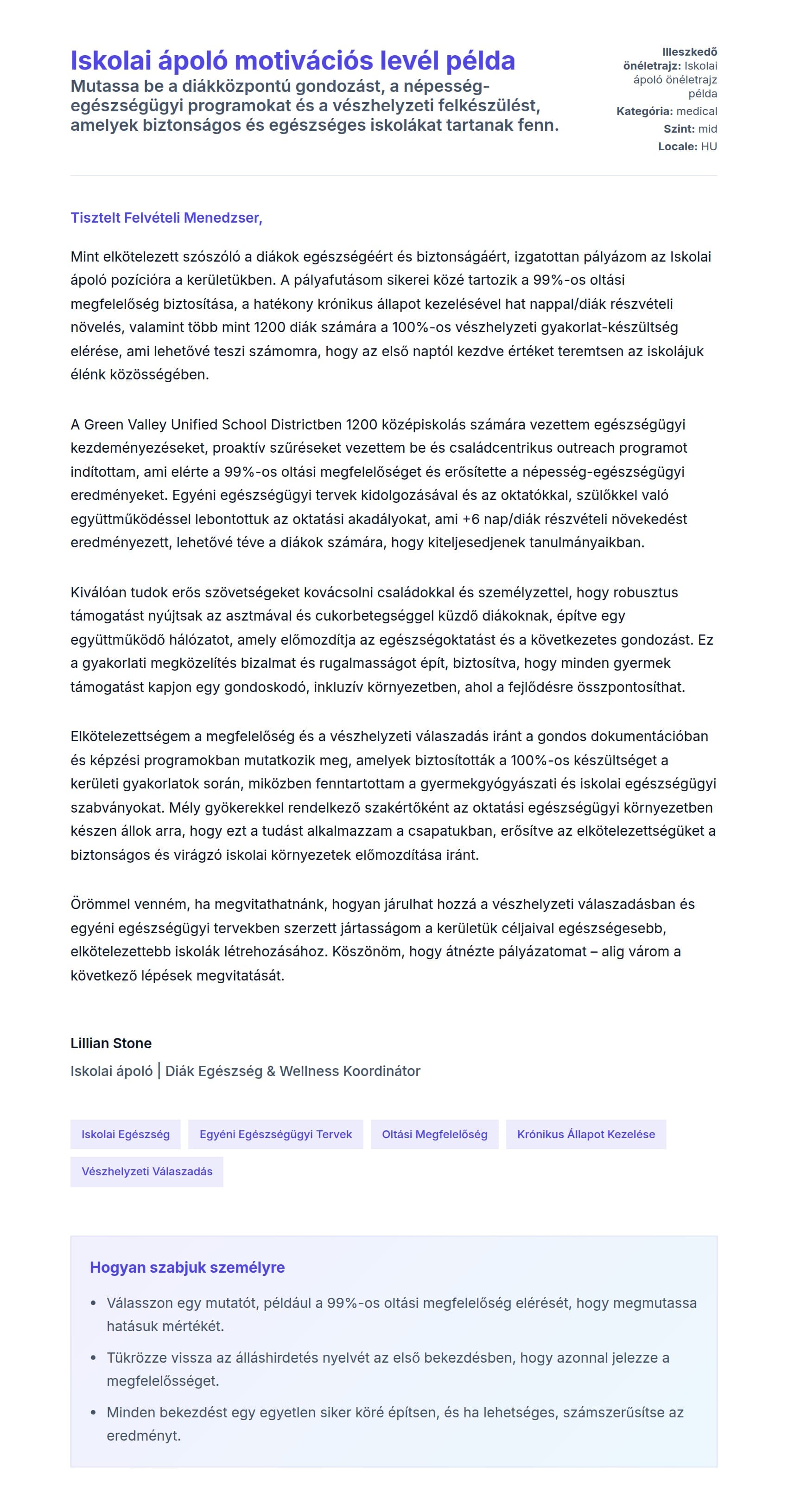 Kísérőlevél előnézet Iskolai ápoló motivációs levél példa számára