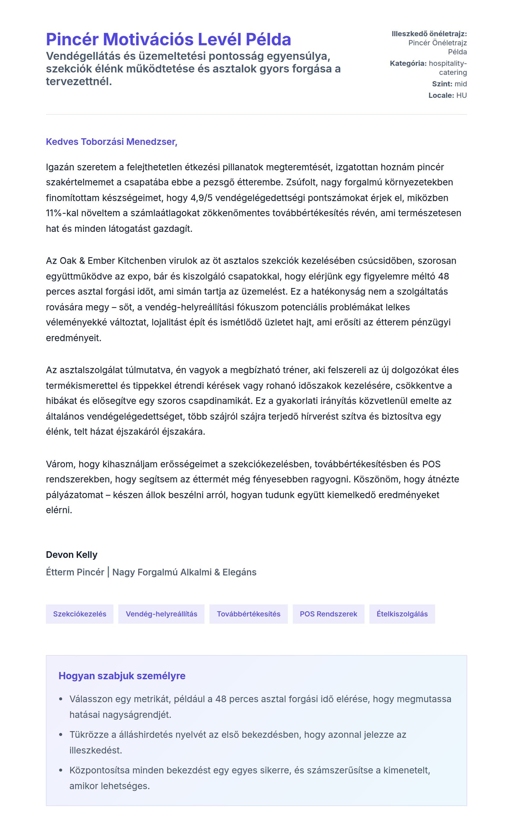 Kísérőlevél előnézet Pincér Motivációs Levél Példa számára