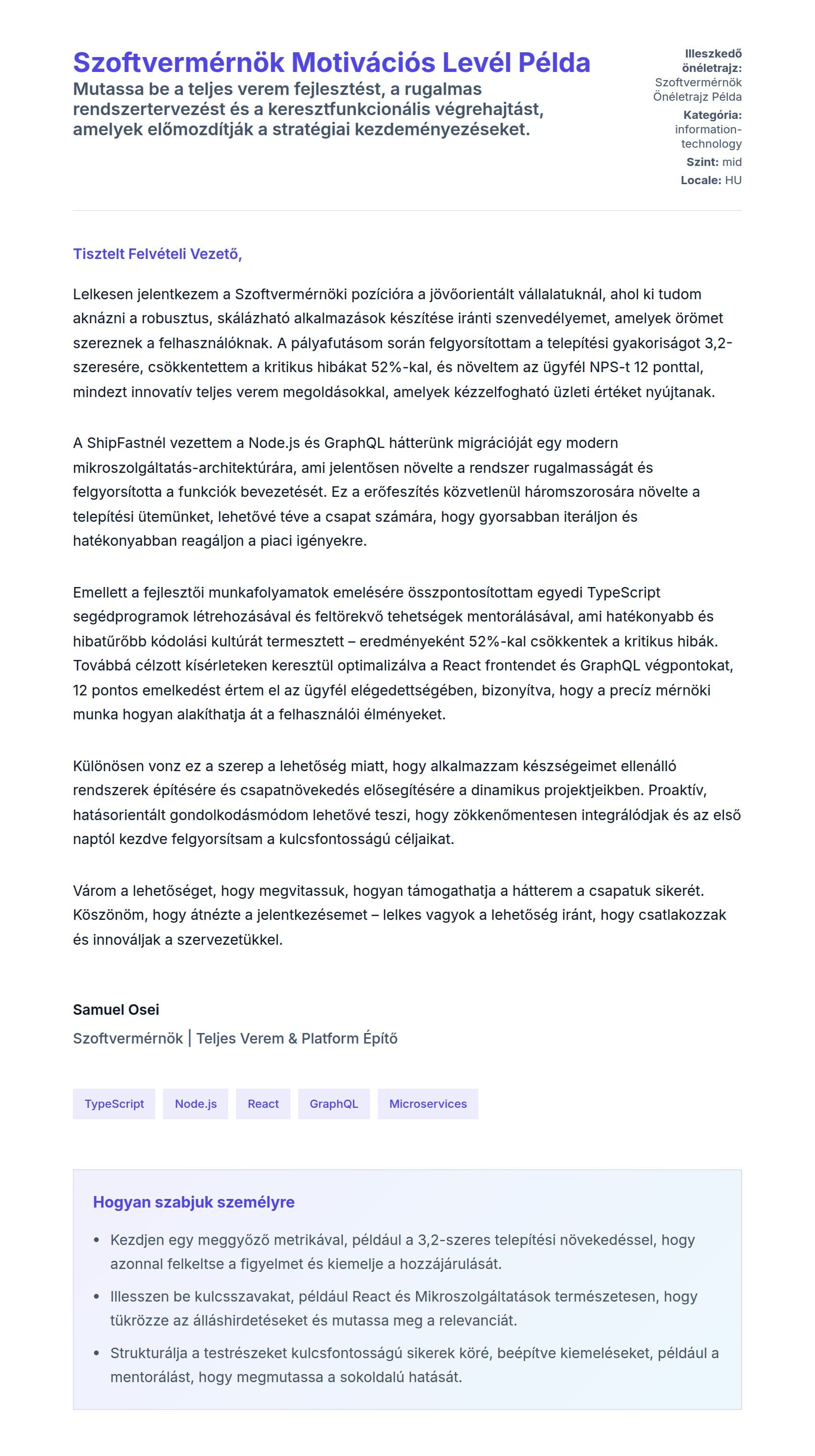 Kísérőlevél előnézet Szoftvermérnök Motivációs Levél Példa számára