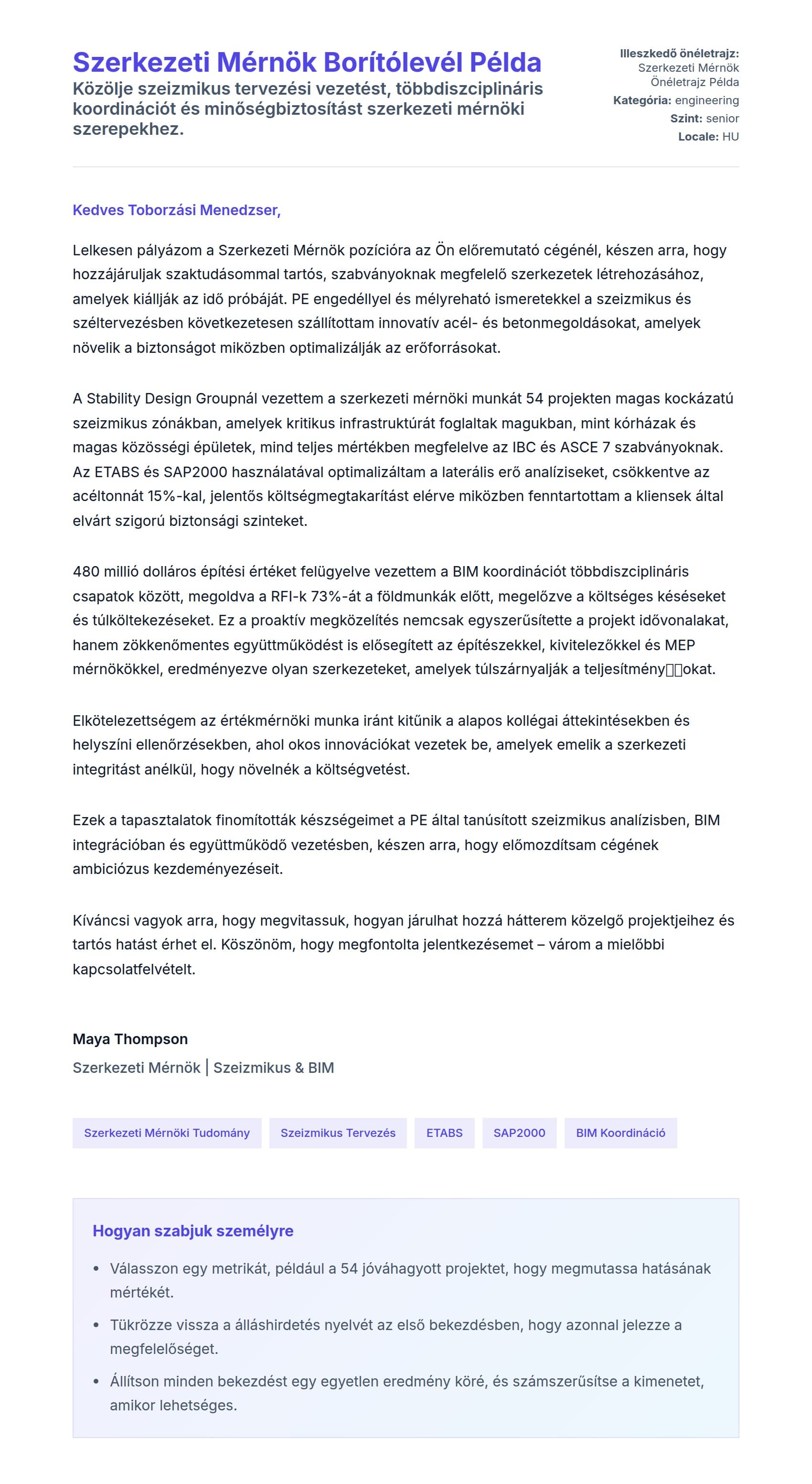 Kísérőlevél előnézet Szerkezeti Mérnök Borítólevél Példa számára