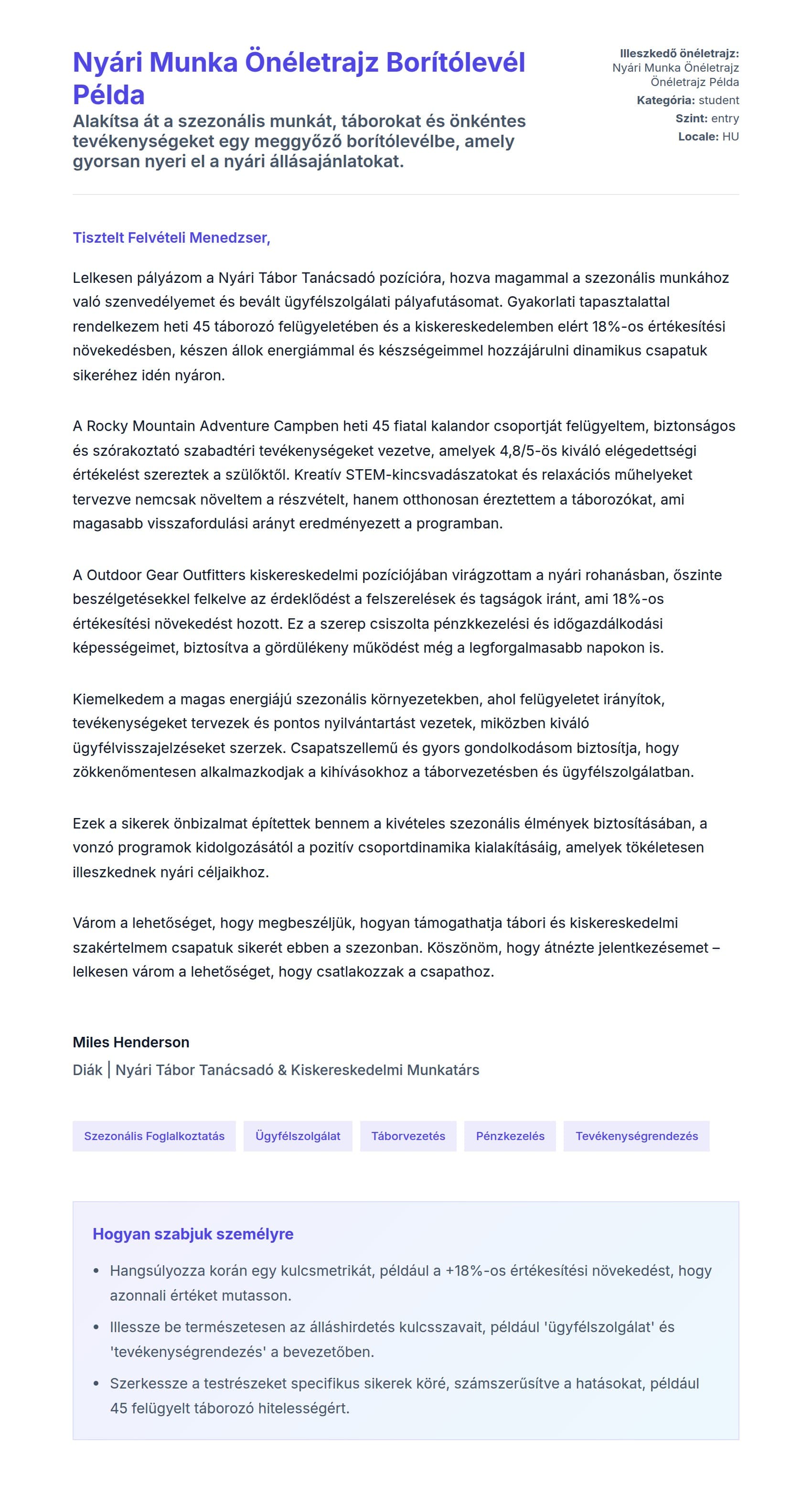 Kísérőlevél előnézet Nyári Munka Önéletrajz Borítólevél Példa számára