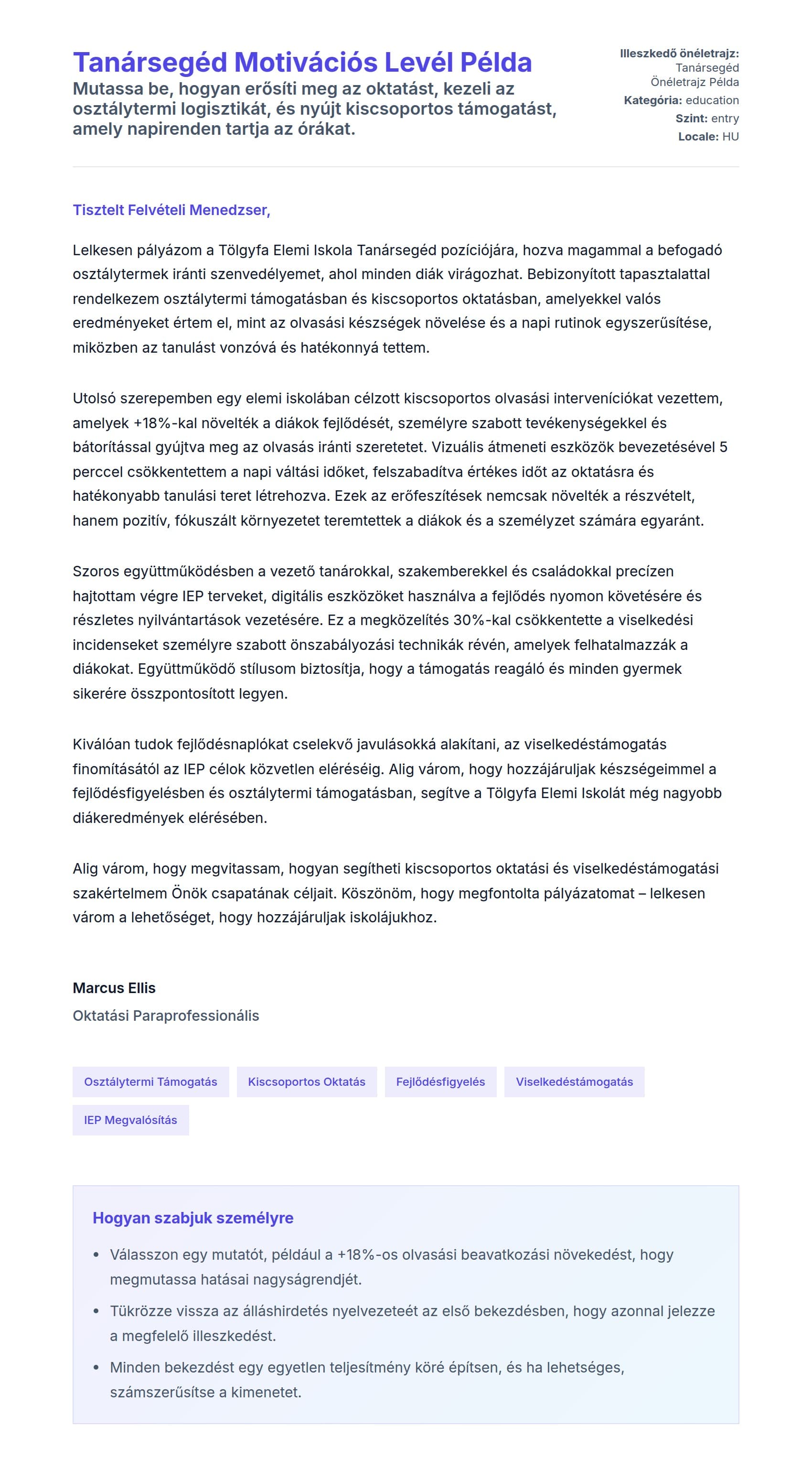 Kísérőlevél előnézet Tanársegéd Motivációs Levél Példa számára