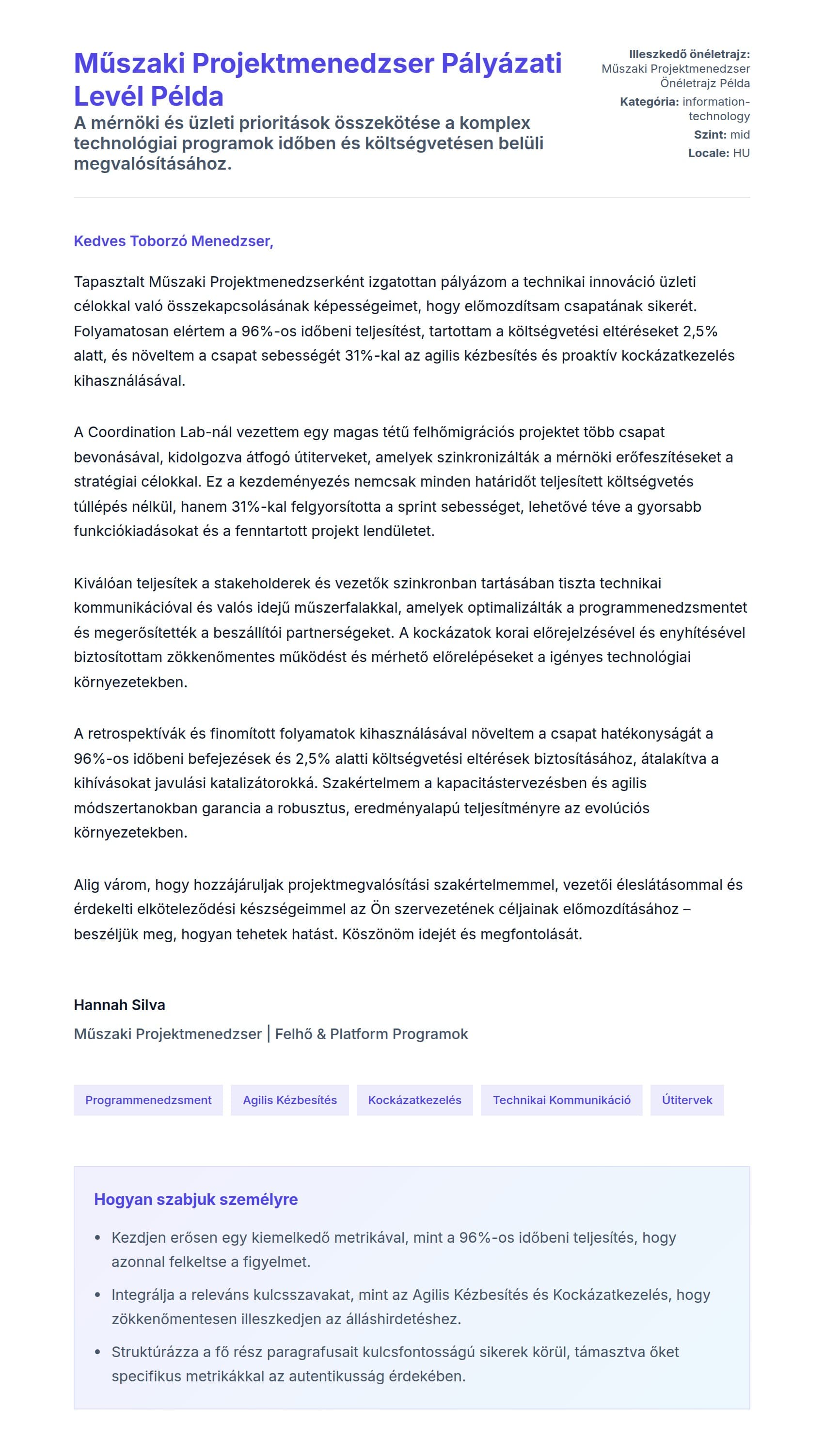 Kísérőlevél előnézet Műszaki Projektmenedzser Pályázati Levél Példa számára