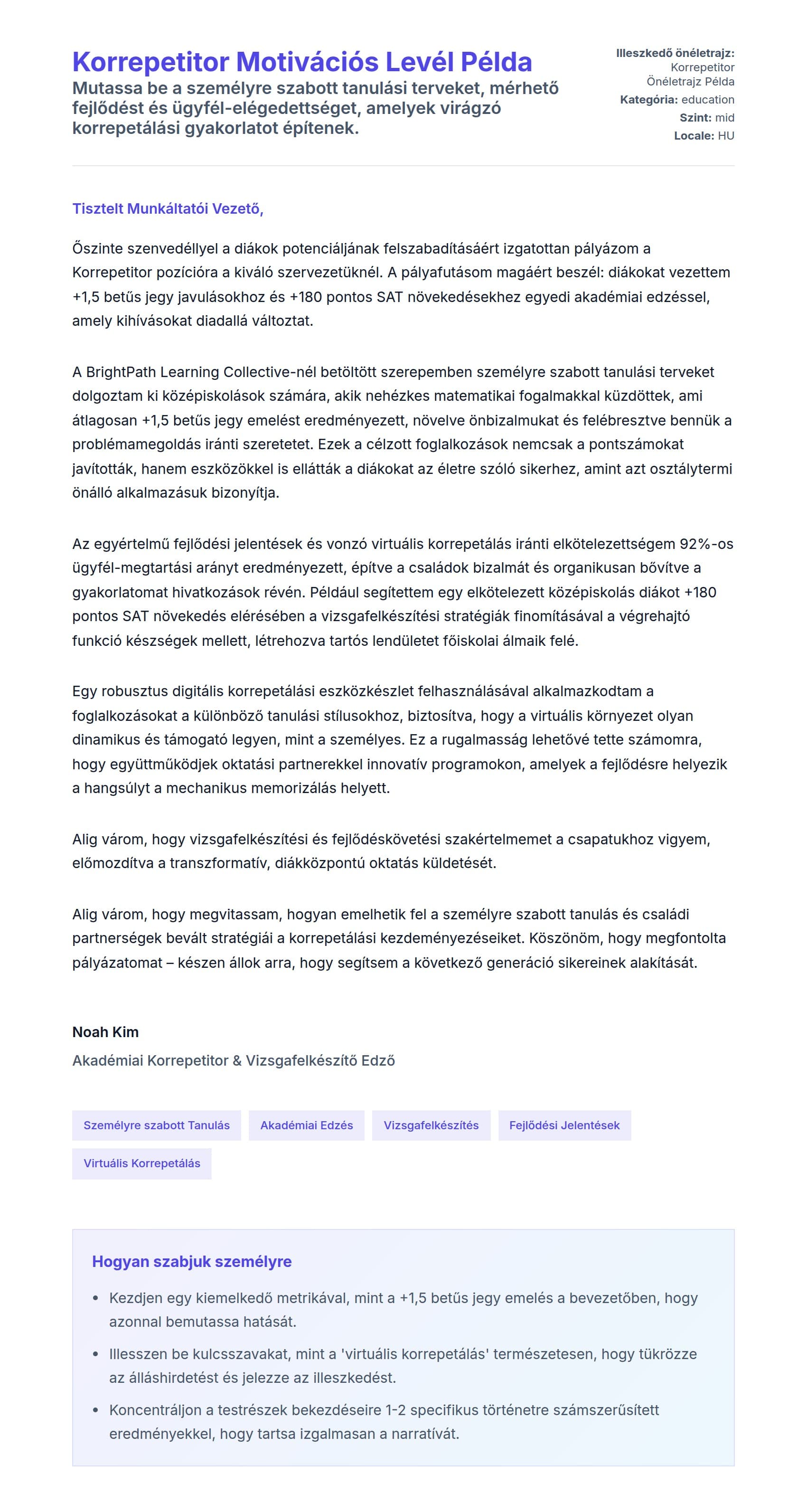 Kísérőlevél előnézet Korrepetitor Motivációs Levél Példa számára
