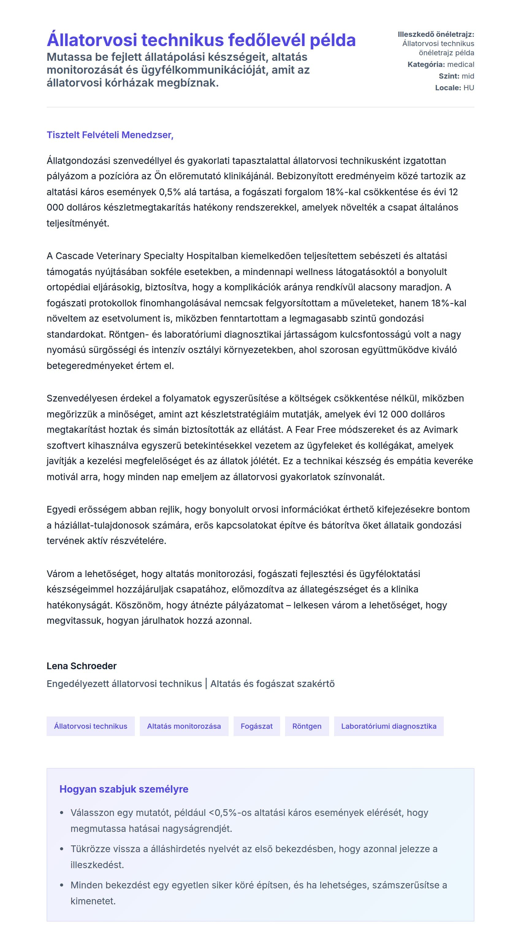 Kísérőlevél előnézet Állatorvosi technikus fedőlevél példa számára