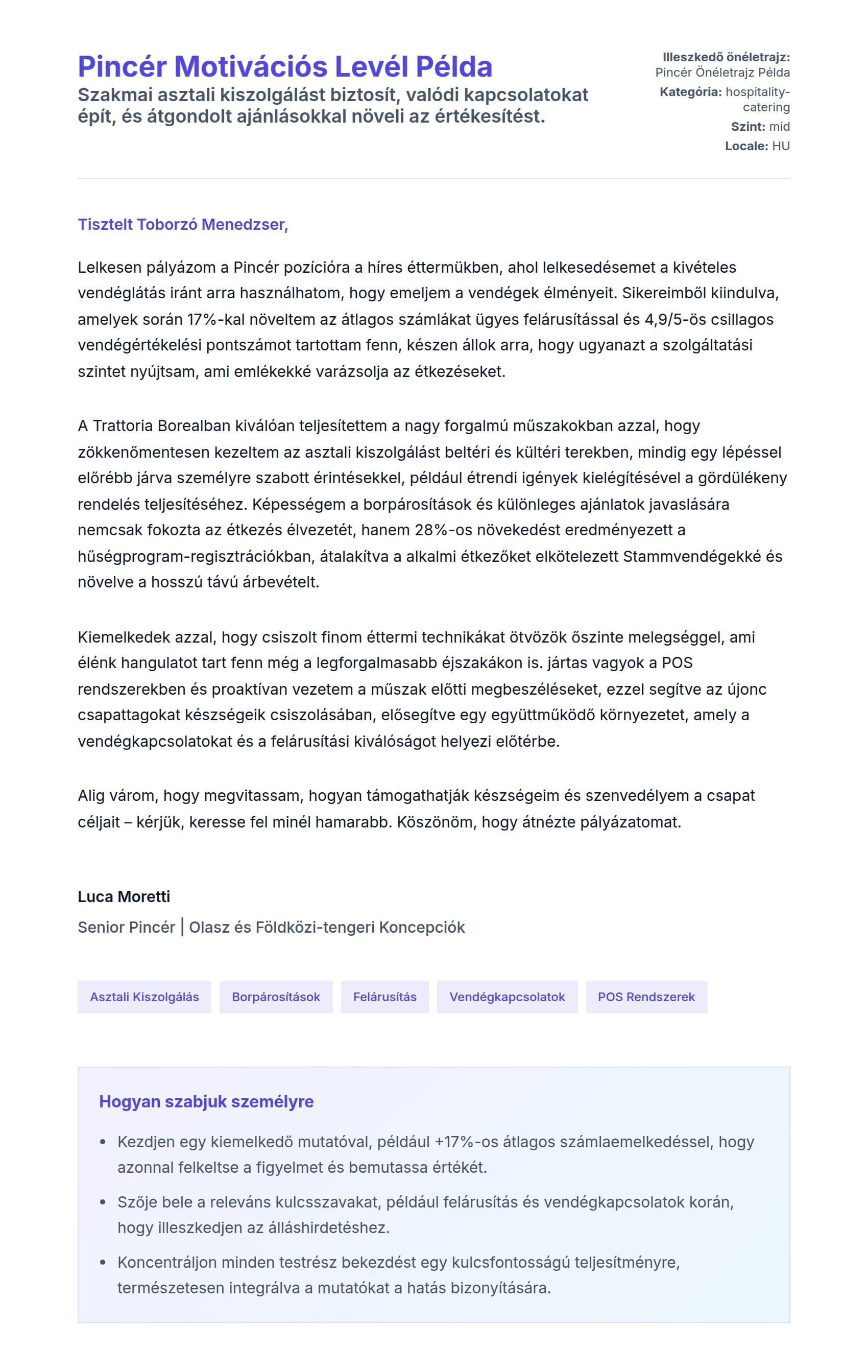 Kísérőlevél előnézet Pincér Motivációs Levél Példa számára