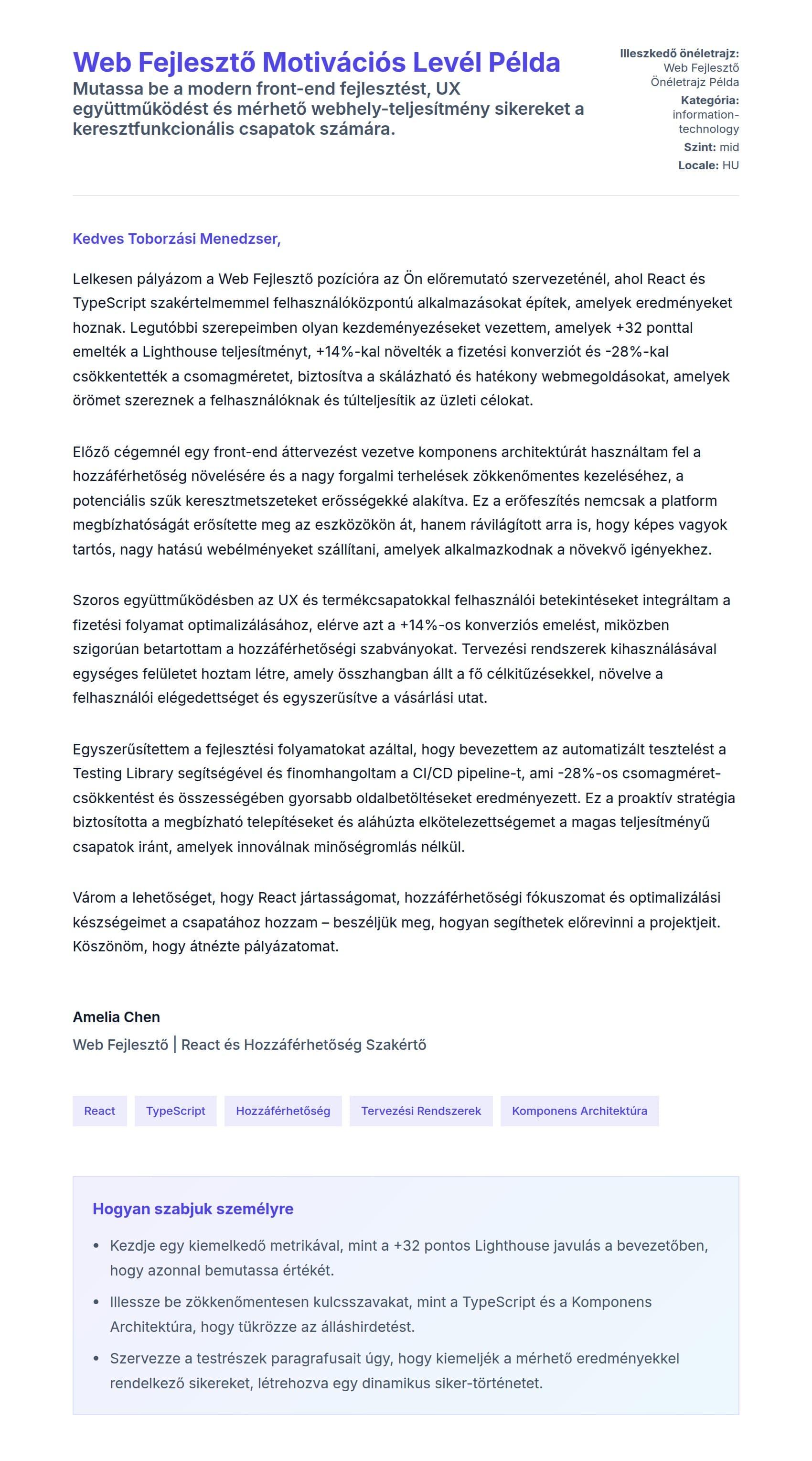 Kísérőlevél előnézet Web Fejlesztő Motivációs Levél Példa számára