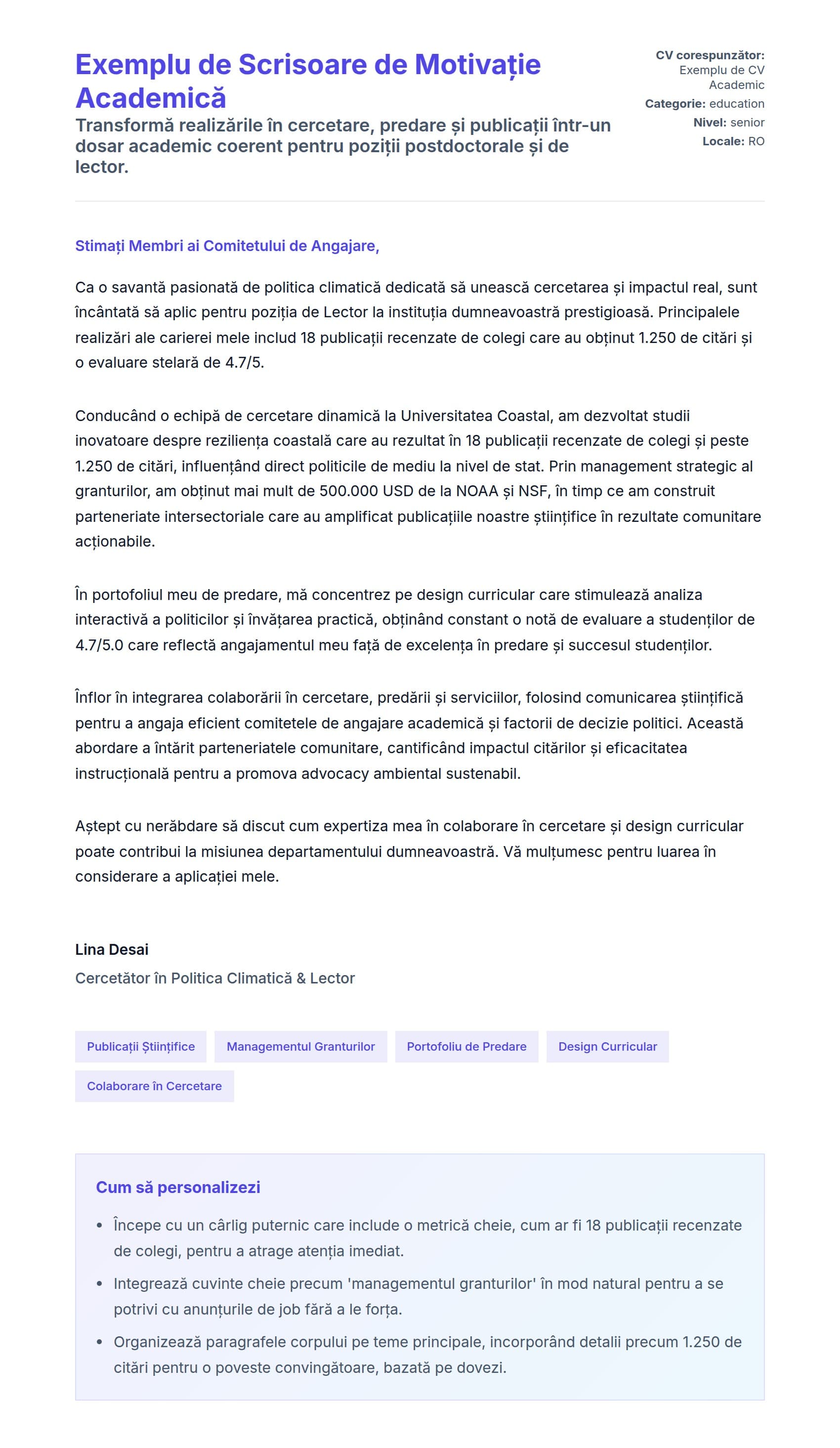 Previzualizare scrisoare de intenție pentru Exemplu de Scrisoare de Motivație Academică