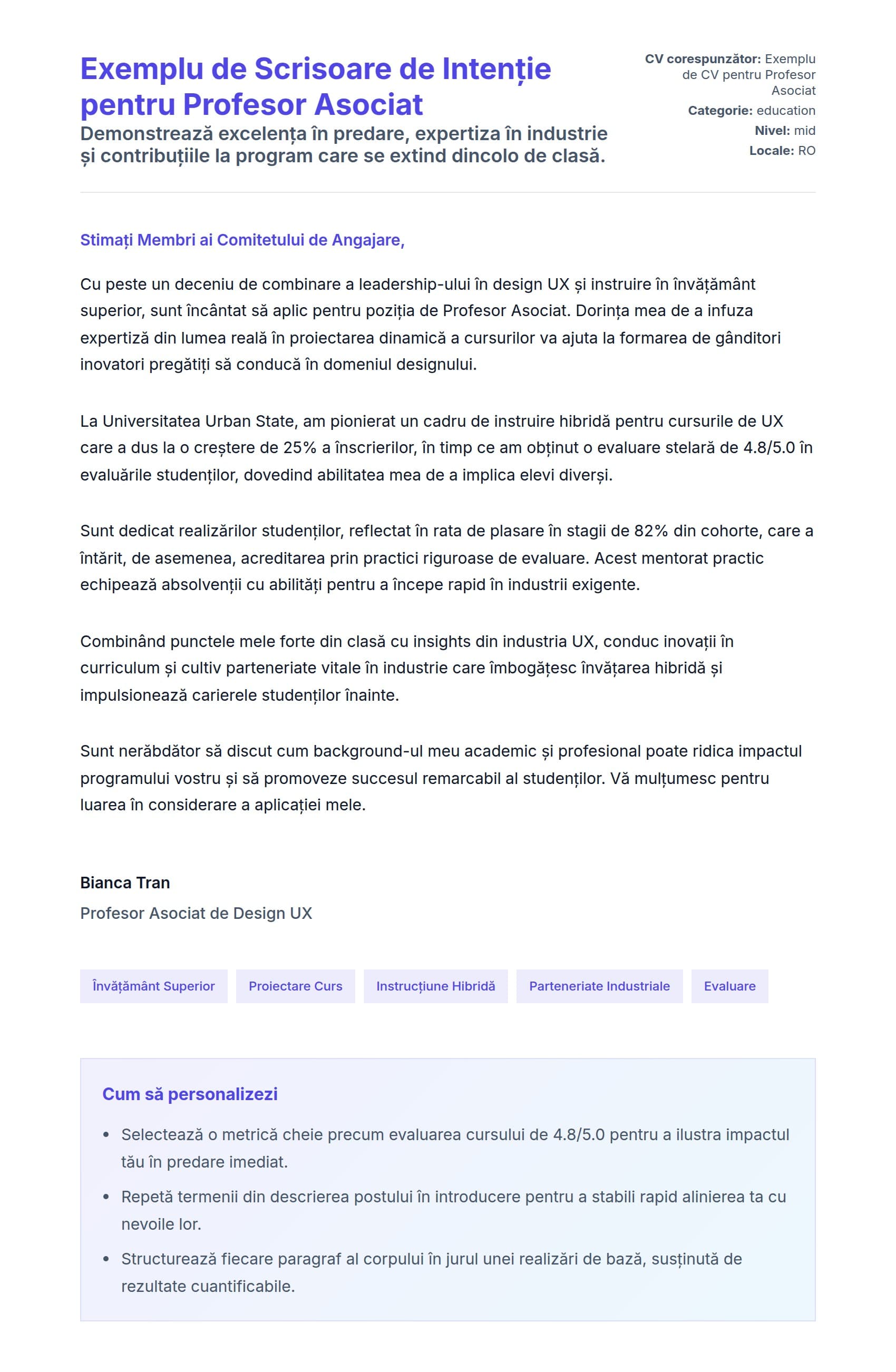 Previzualizare scrisoare de intenție pentru Exemplu de Scrisoare de Intenție pentru Profesor Asociat