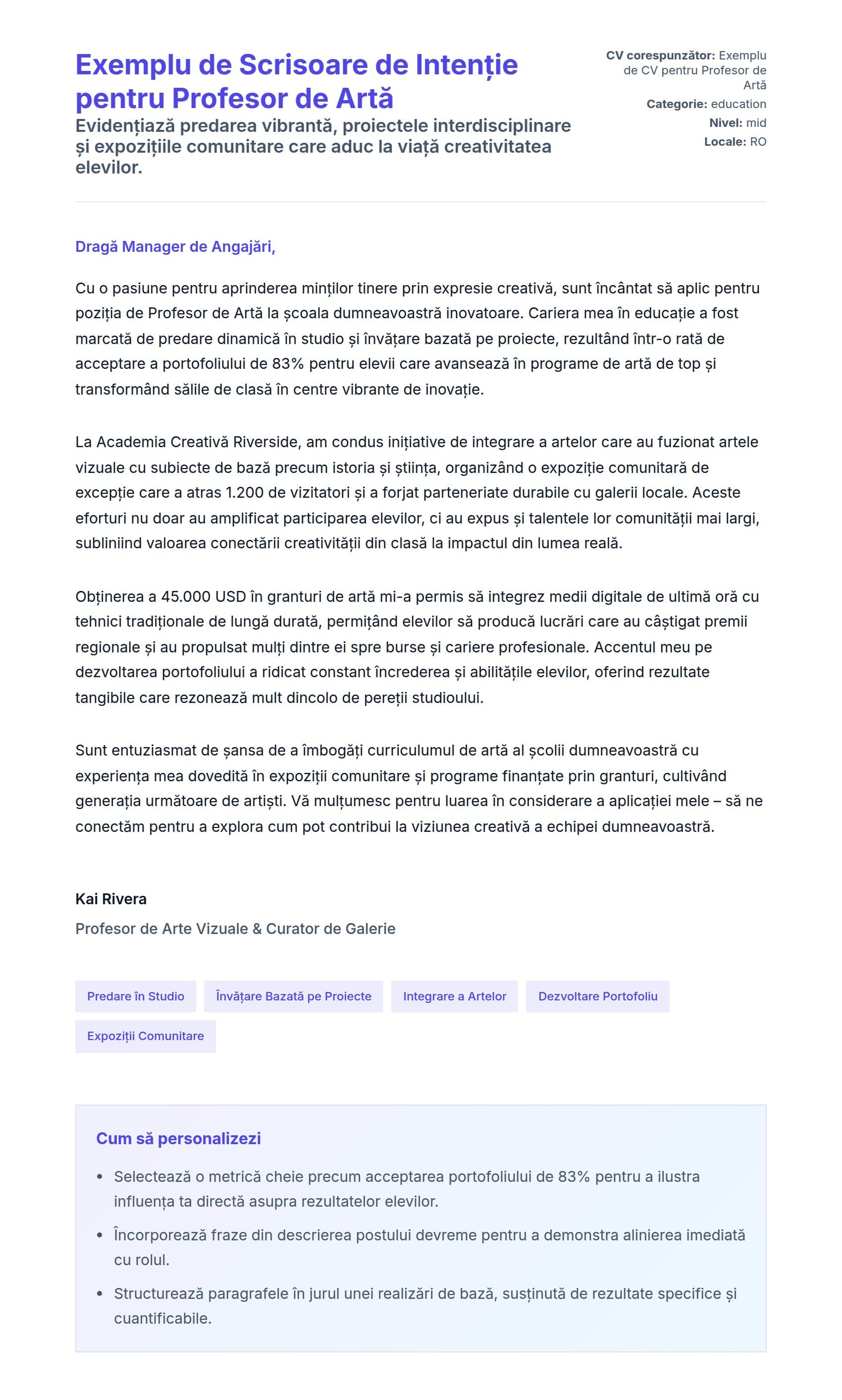 Previzualizare scrisoare de intenție pentru Exemplu de Scrisoare de Intenție pentru Profesor de Artă