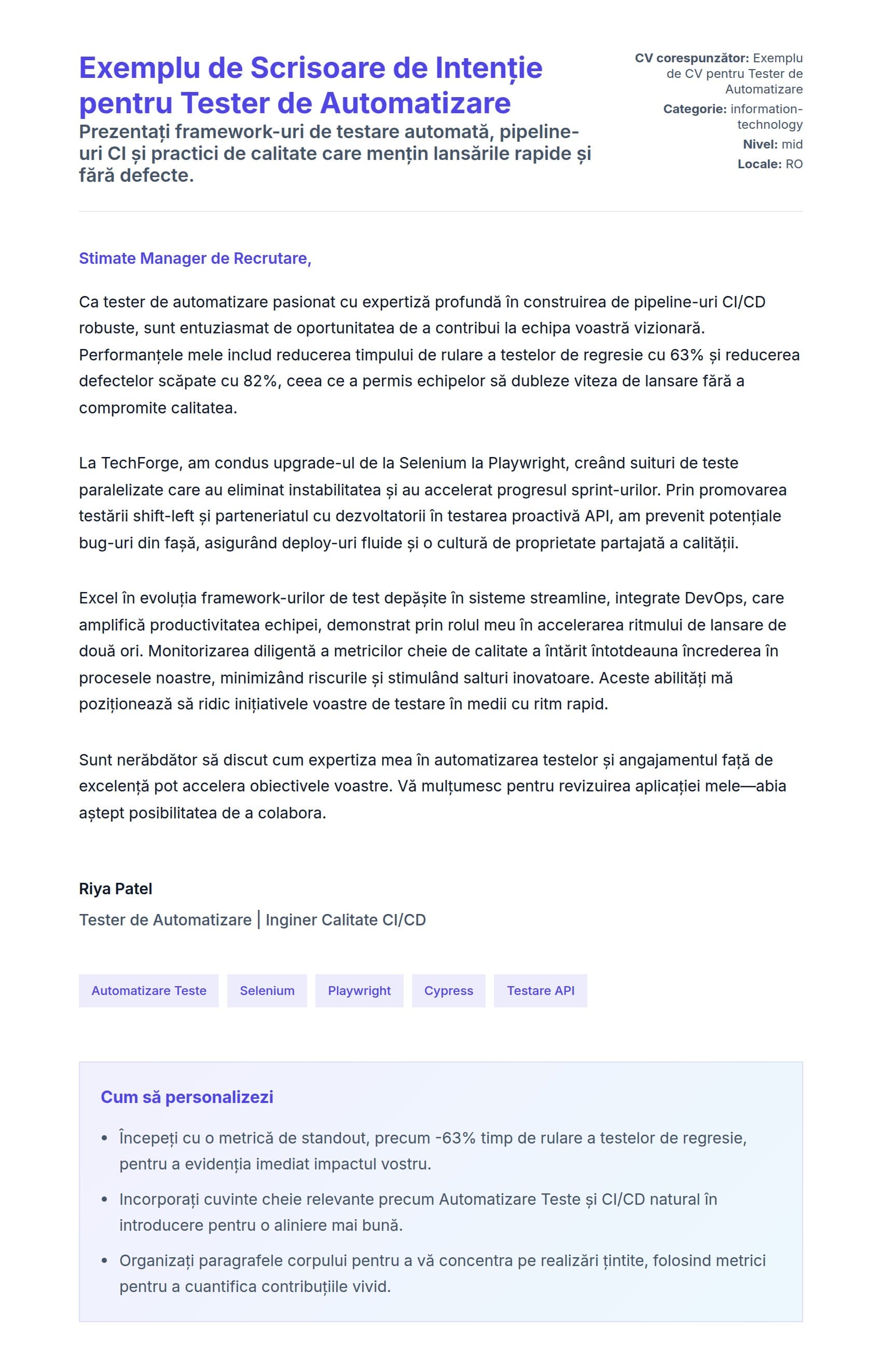 Previzualizare scrisoare de intenție pentru Exemplu de Scrisoare de Intenție pentru Tester de Automatizare