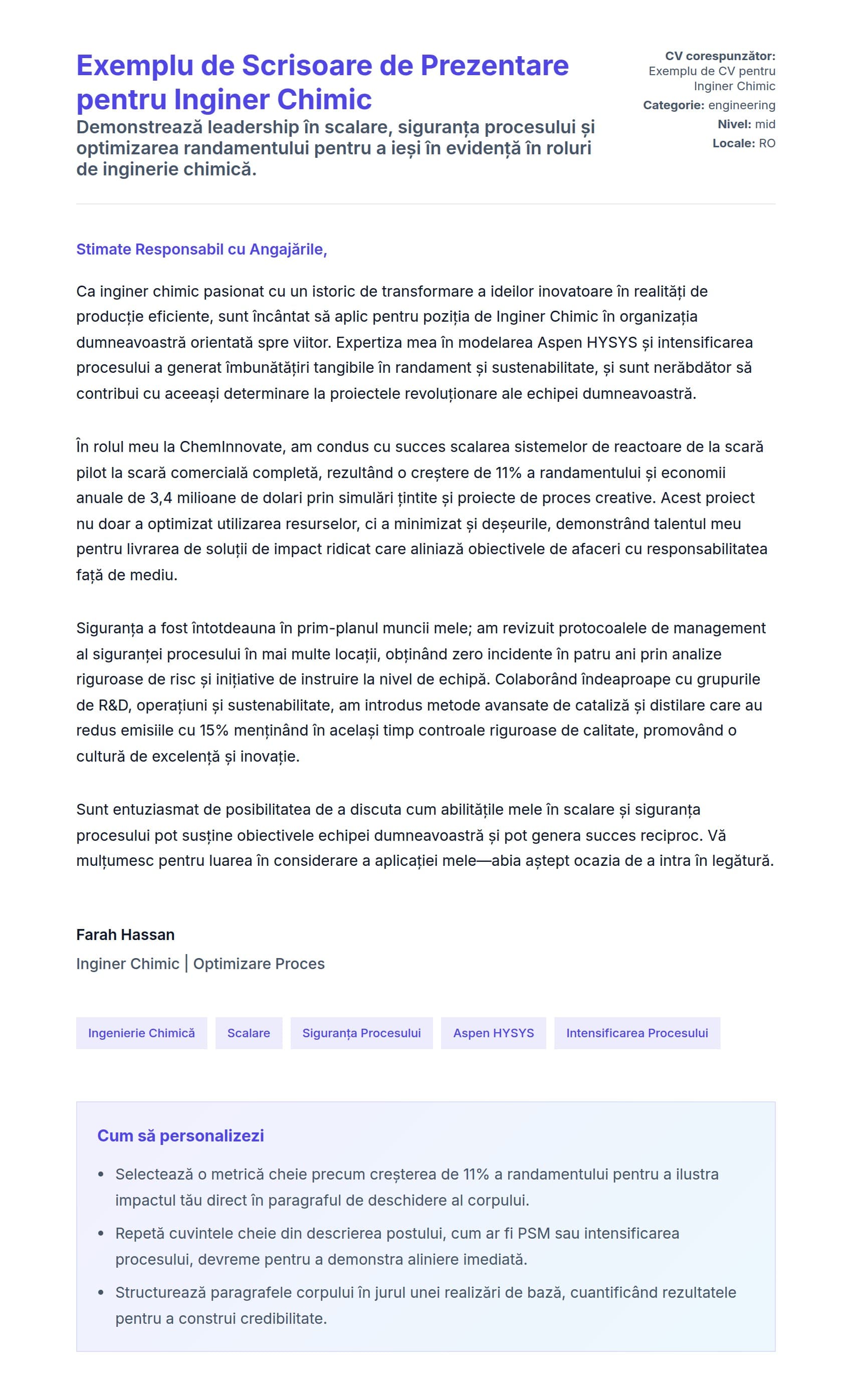 Previzualizare scrisoare de intenție pentru Exemplu de Scrisoare de Prezentare pentru Inginer Chimic
