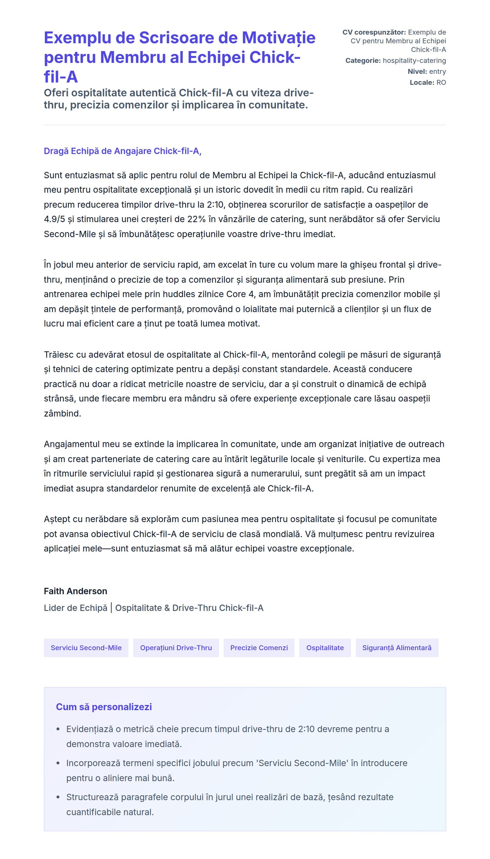 Previzualizare scrisoare de intenție pentru Exemplu de Scrisoare de Motivație pentru Membru al Echipei Chick-fil-A