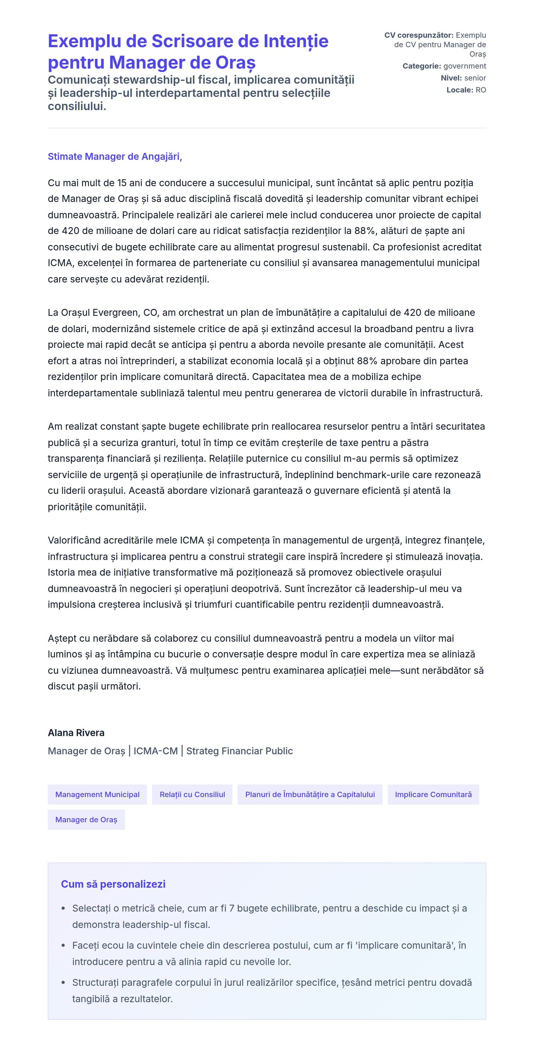 Previzualizare scrisoare de intenție pentru Exemplu de Scrisoare de Intenție pentru Manager de Oraș