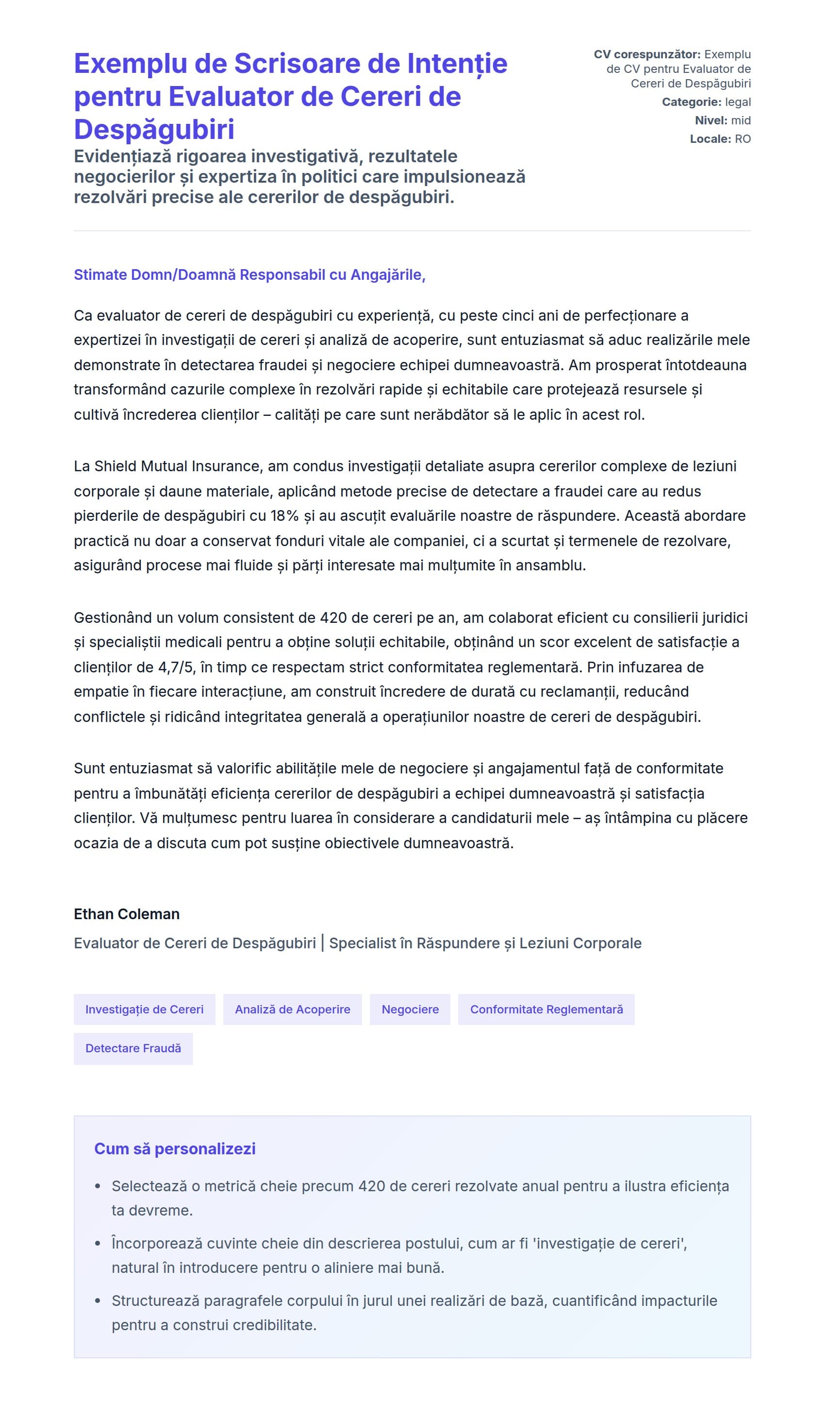 Previzualizare scrisoare de intenție pentru Exemplu de Scrisoare de Intenție pentru Evaluator de Cereri de Despăgubiri