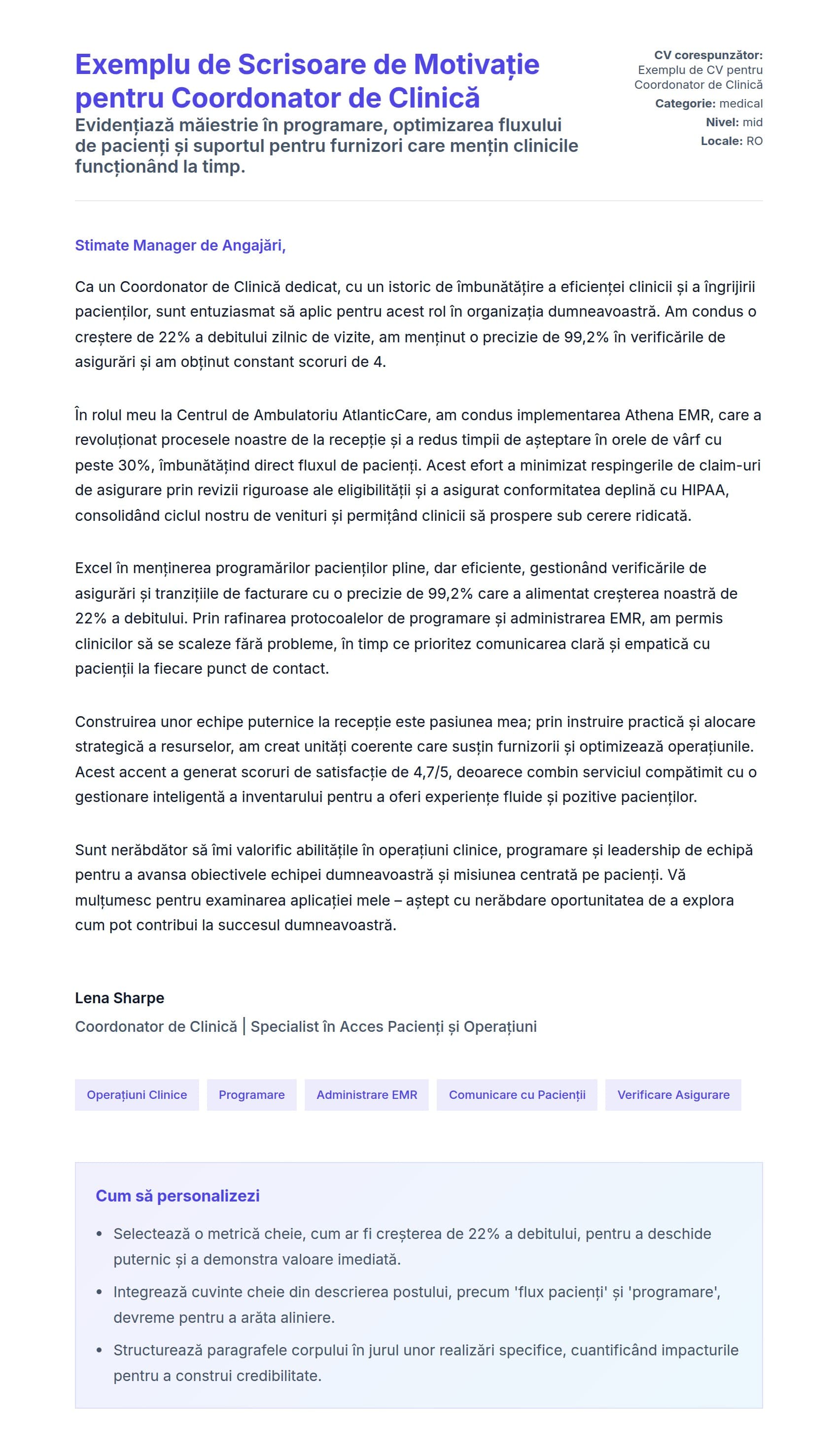 Previzualizare scrisoare de intenție pentru Exemplu de Scrisoare de Motivație pentru Coordonator de Clinică