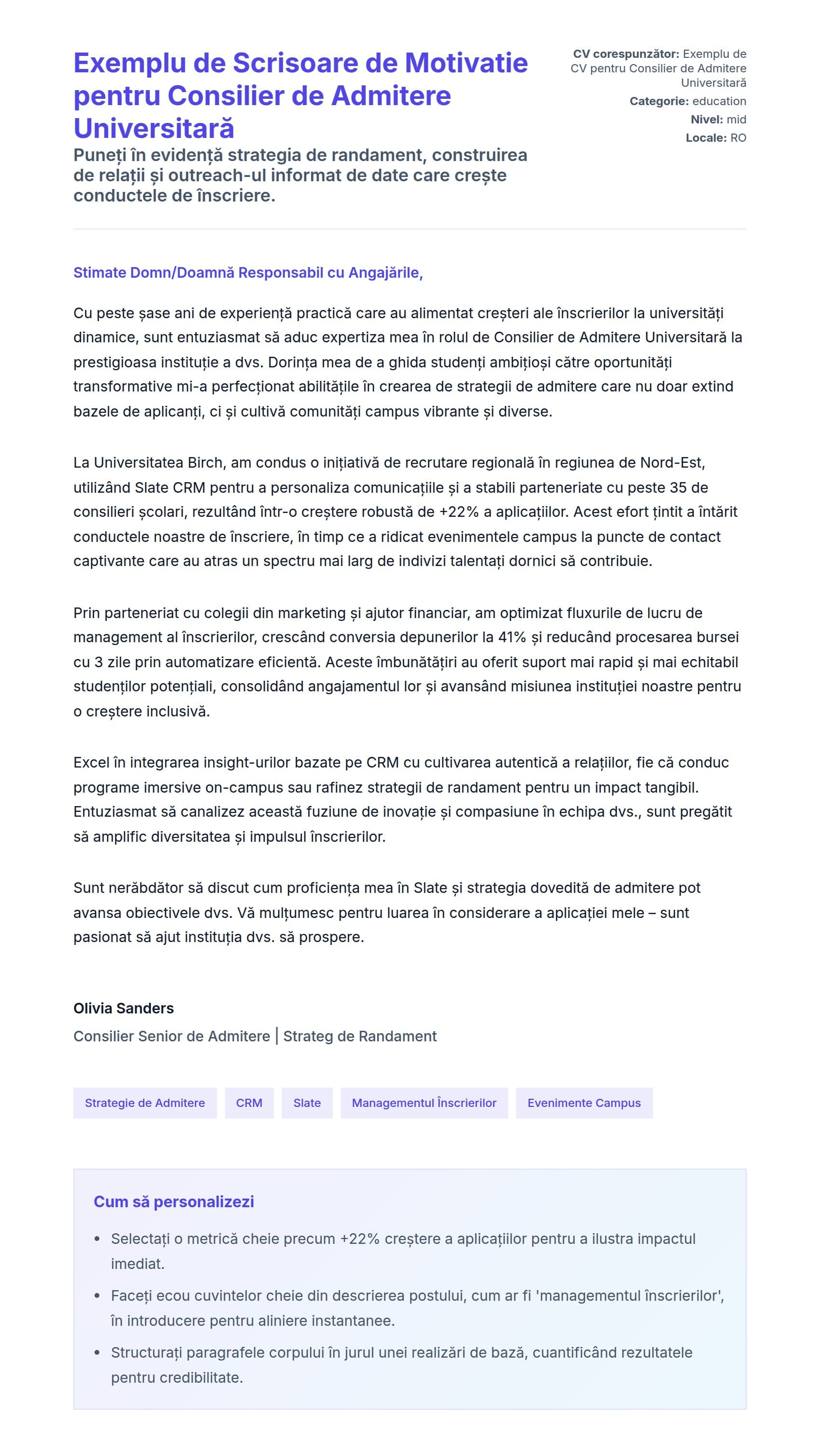 Previzualizare scrisoare de intenție pentru Exemplu de Scrisoare de Motivatie pentru Consilier de Admitere Universitară