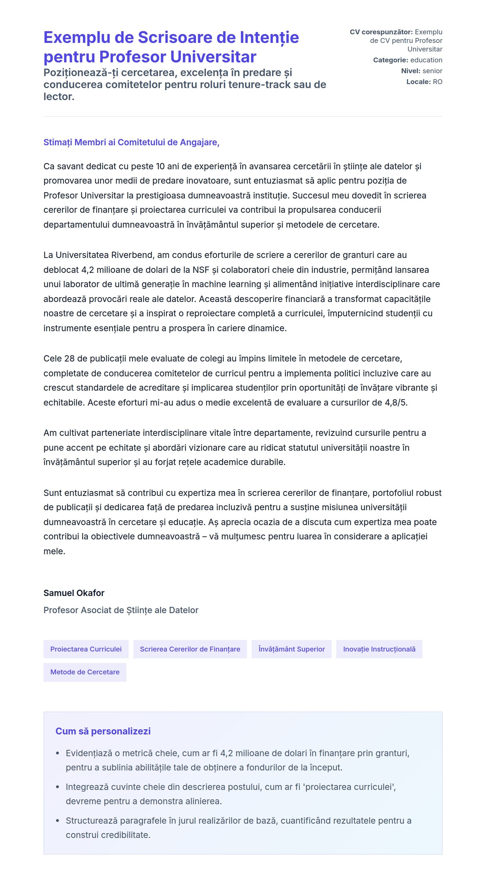 Previzualizare scrisoare de intenție pentru Exemplu de Scrisoare de Intenție pentru Profesor Universitar
