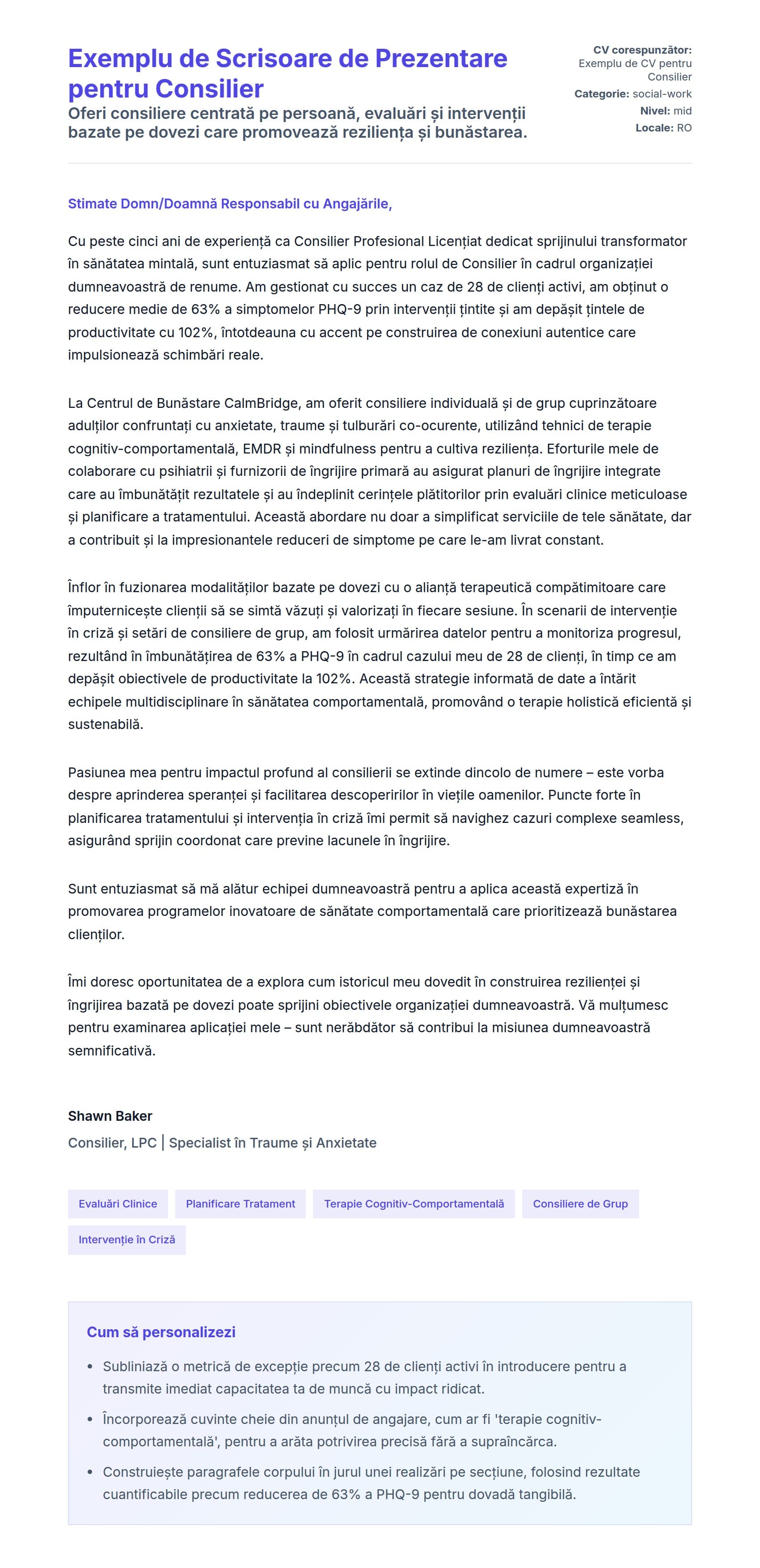 Previzualizare scrisoare de intenție pentru Exemplu de Scrisoare de Prezentare pentru Consilier