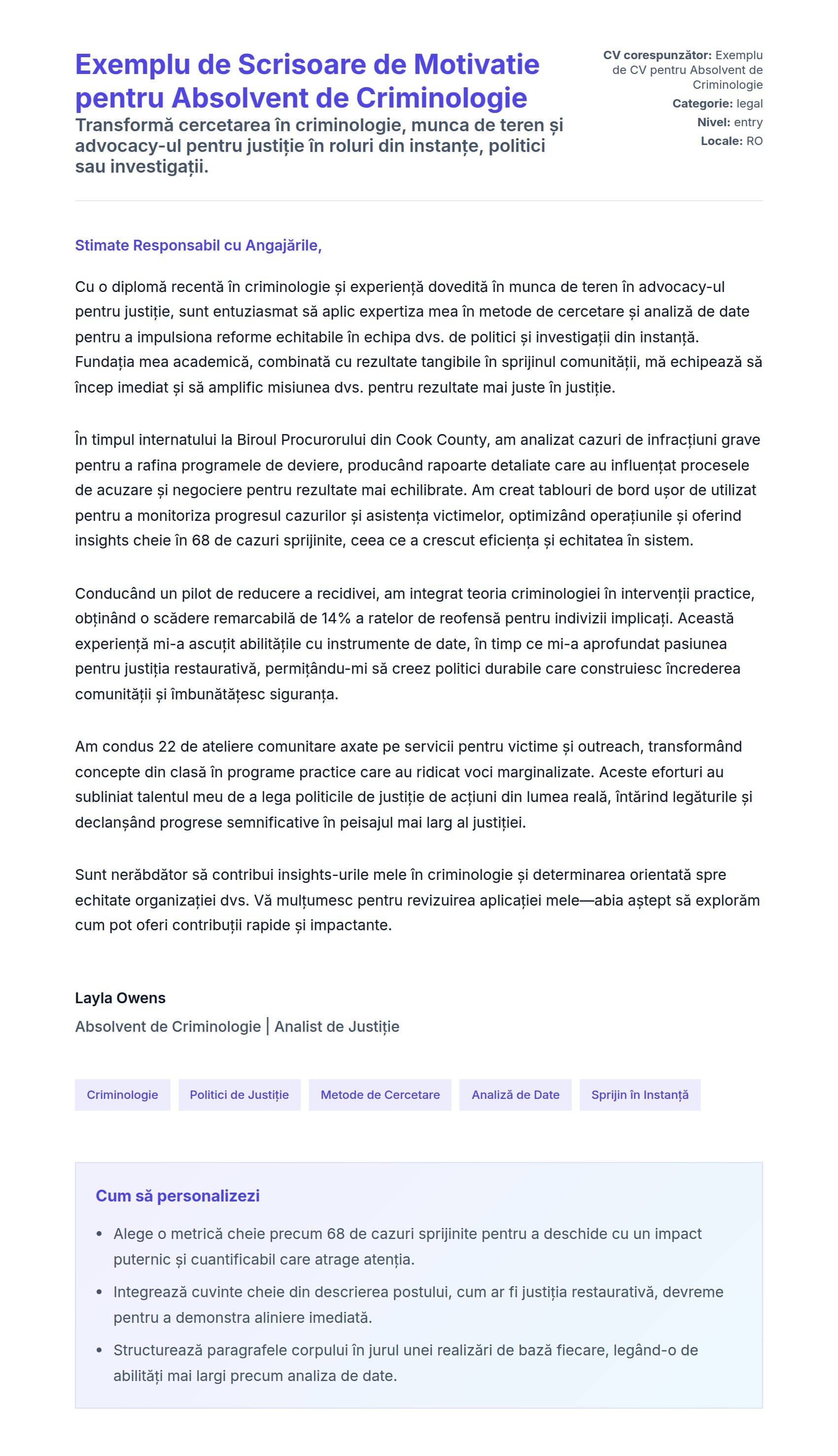 Previzualizare scrisoare de intenție pentru Exemplu de Scrisoare de Motivatie pentru Absolvent de Criminologie