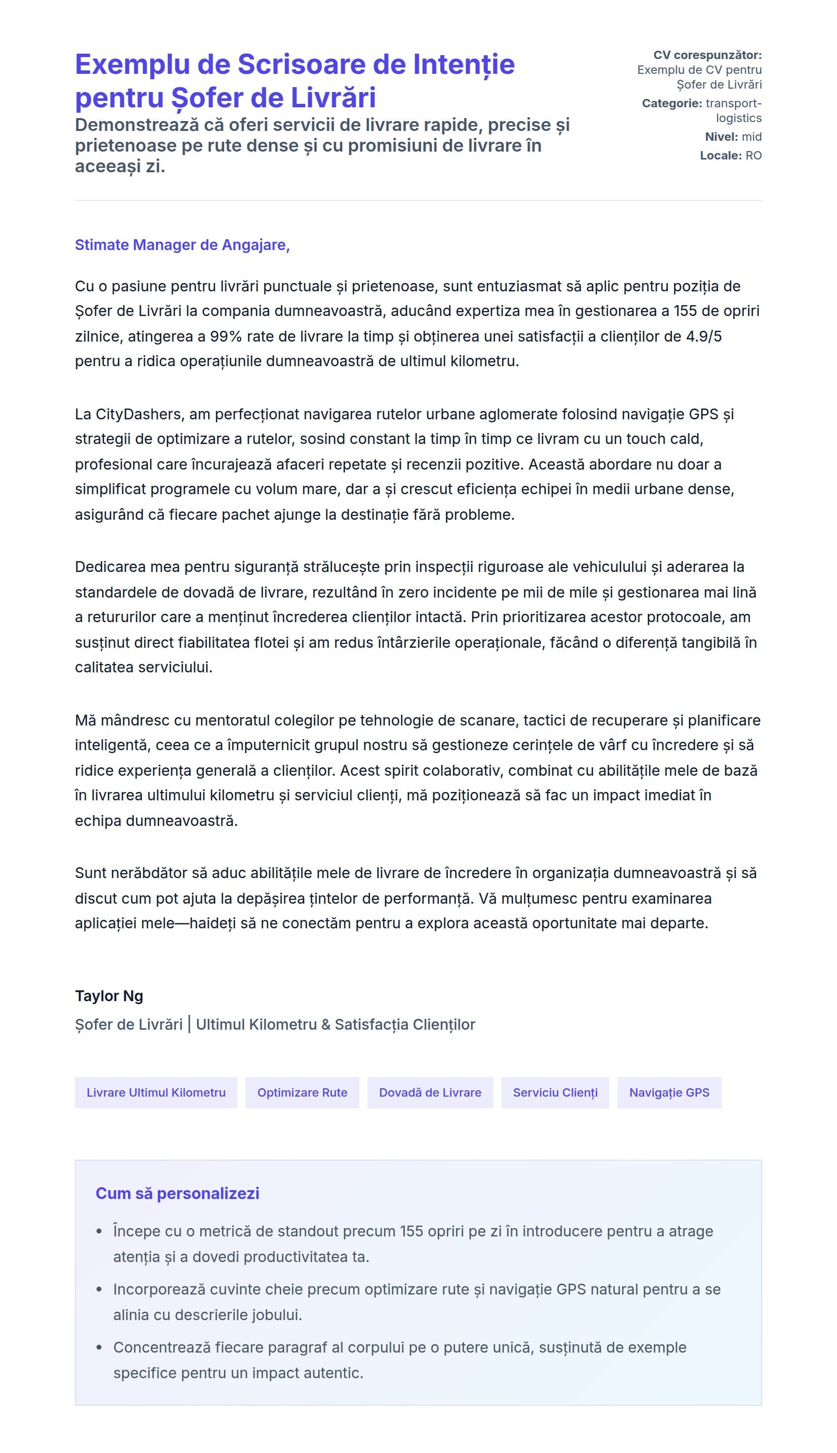 Previzualizare scrisoare de intenție pentru Exemplu de Scrisoare de Intenție pentru Șofer de Livrări