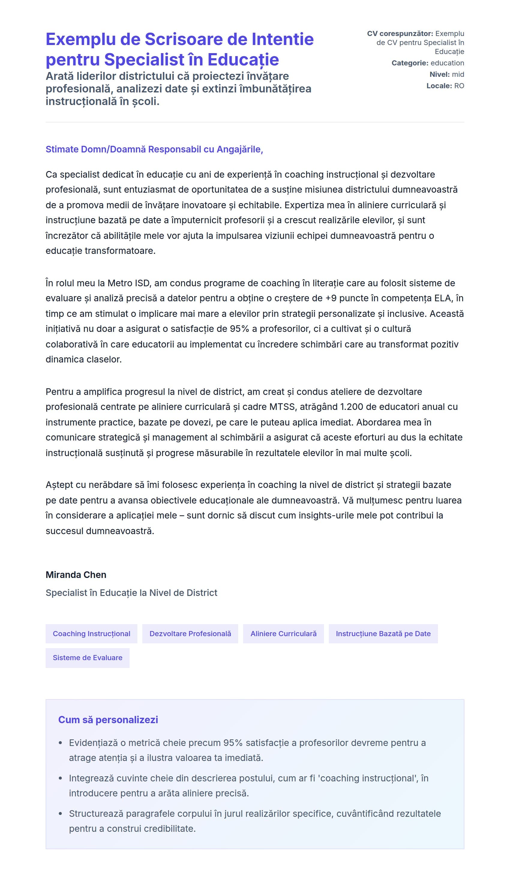 Previzualizare scrisoare de intenție pentru Exemplu de Scrisoare de Intentie pentru Specialist în Educație