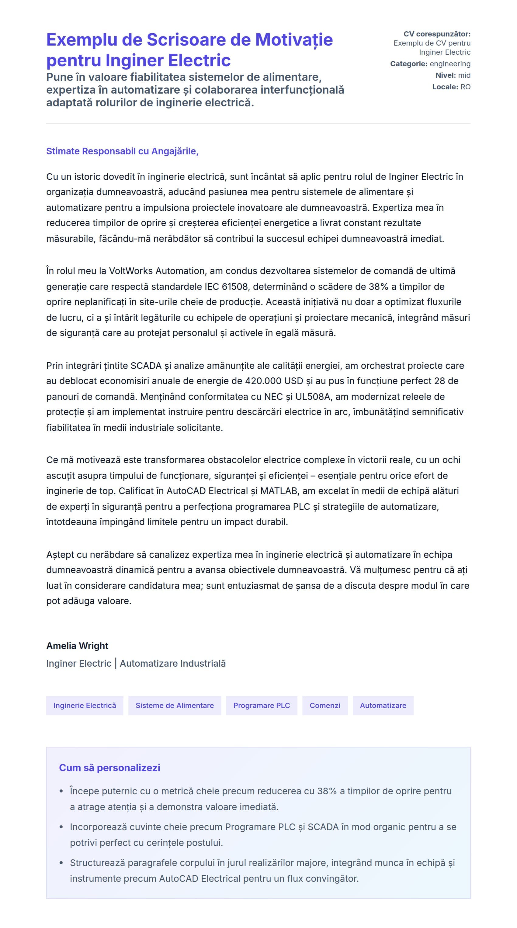 Previzualizare scrisoare de intenție pentru Exemplu de Scrisoare de Motivație pentru Inginer Electric