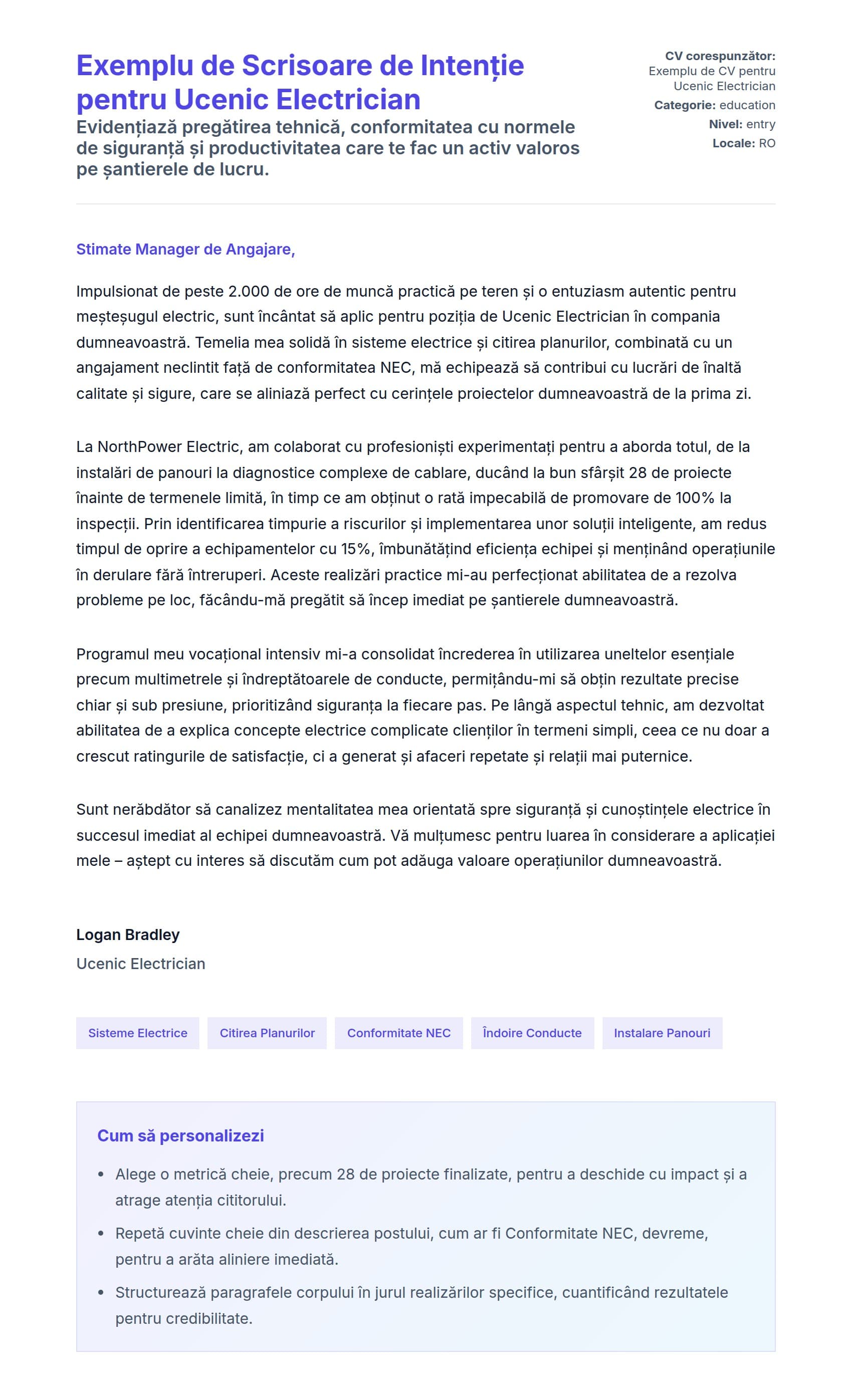 Previzualizare scrisoare de intenție pentru Exemplu de Scrisoare de Intenție pentru Ucenic Electrician