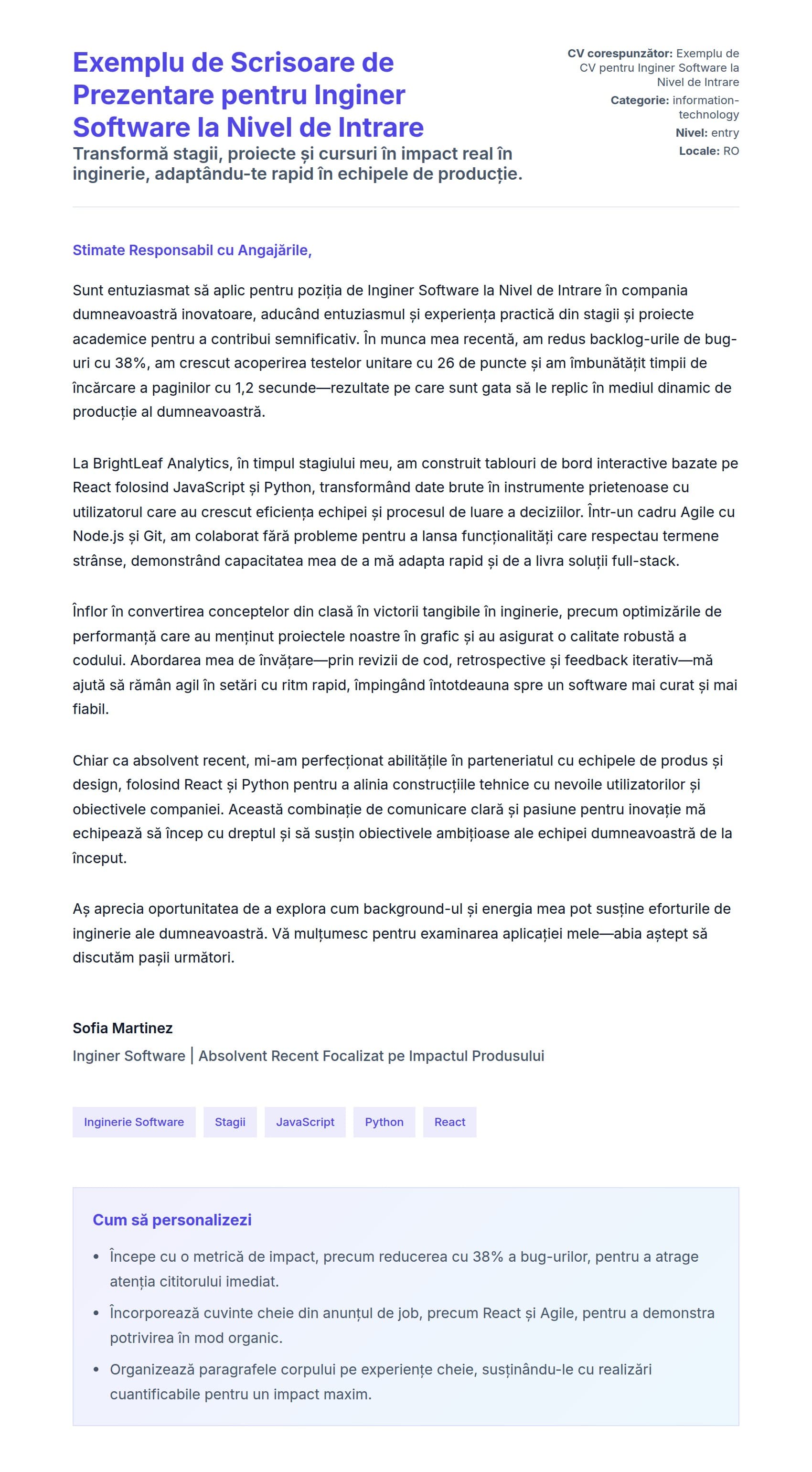Previzualizare scrisoare de intenție pentru Exemplu de Scrisoare de Prezentare pentru Inginer Software la Nivel de Intrare