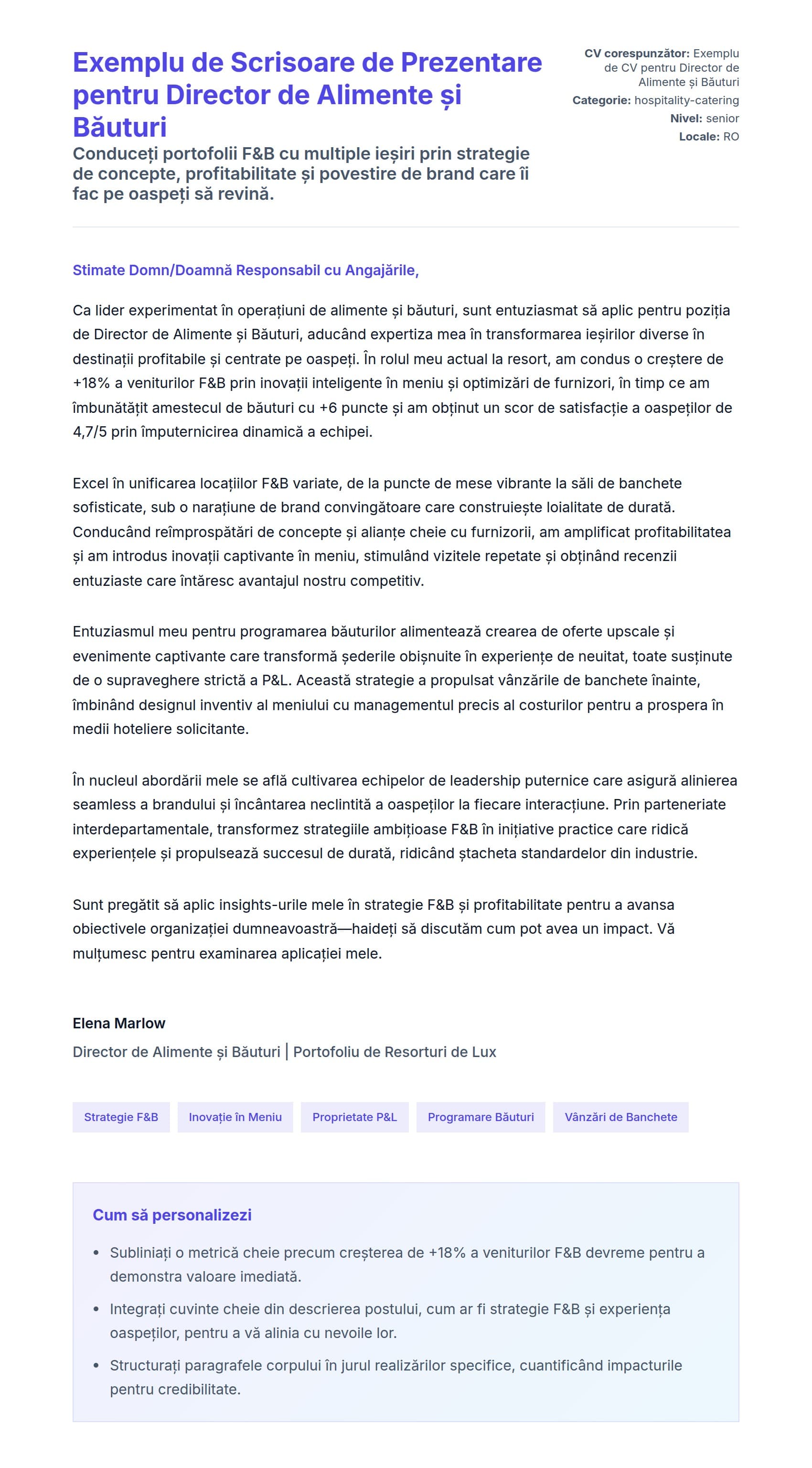 Previzualizare scrisoare de intenție pentru Exemplu de Scrisoare de Prezentare pentru Director de Alimente și Băuturi