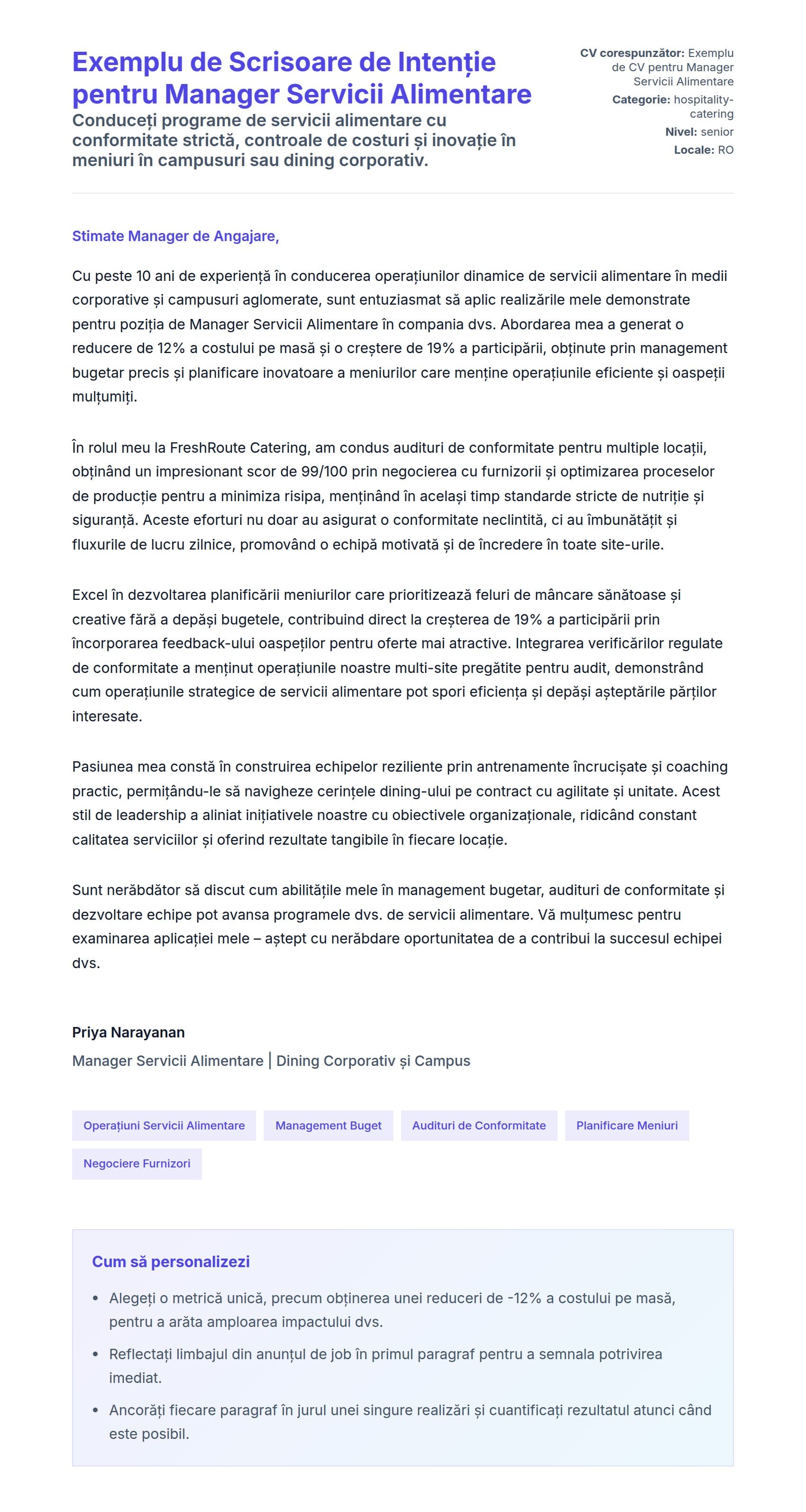 Previzualizare scrisoare de intenție pentru Exemplu de Scrisoare de Intenție pentru Manager Servicii Alimentare