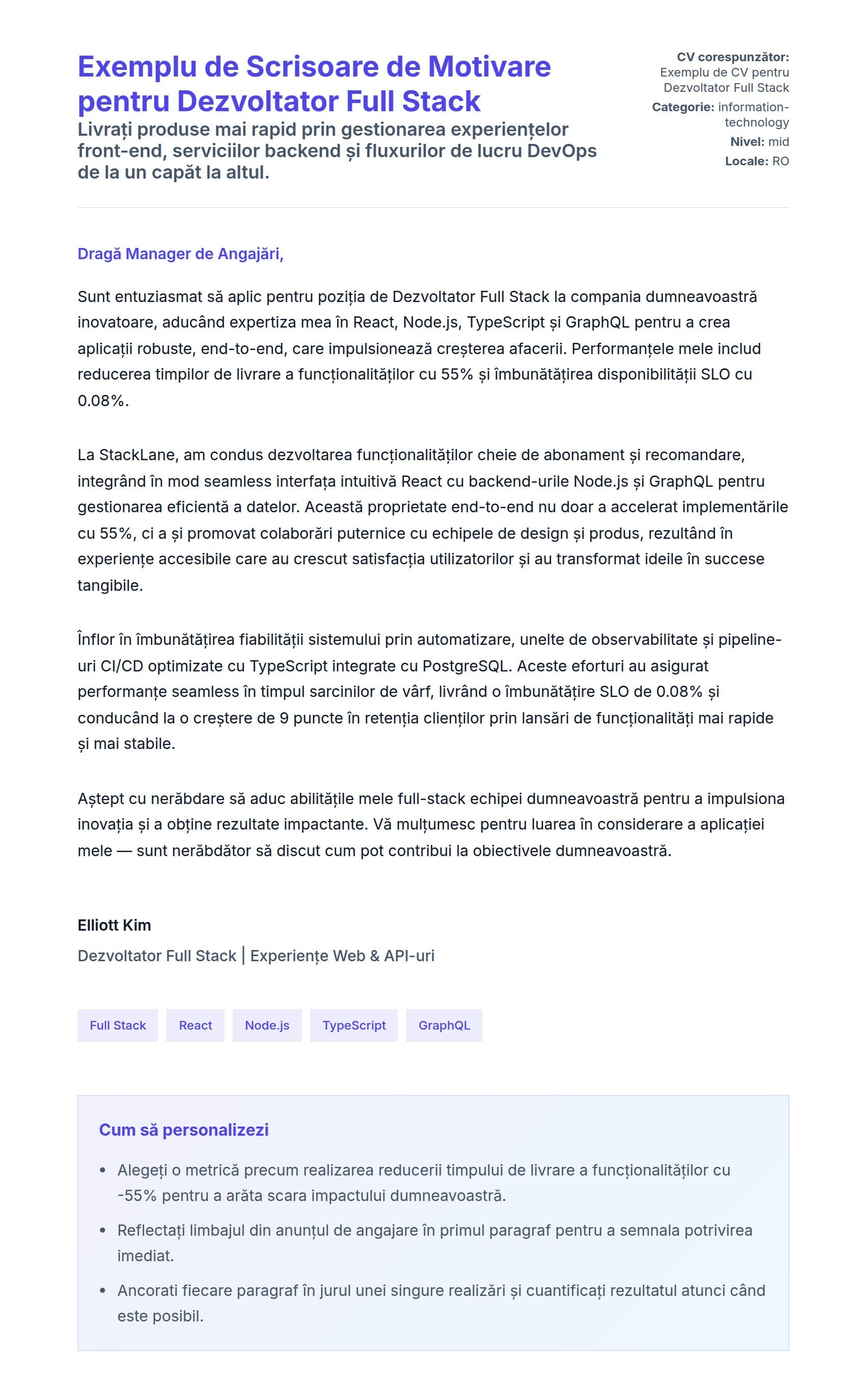 Previzualizare scrisoare de intenție pentru Exemplu de Scrisoare de Motivare pentru Dezvoltator Full Stack