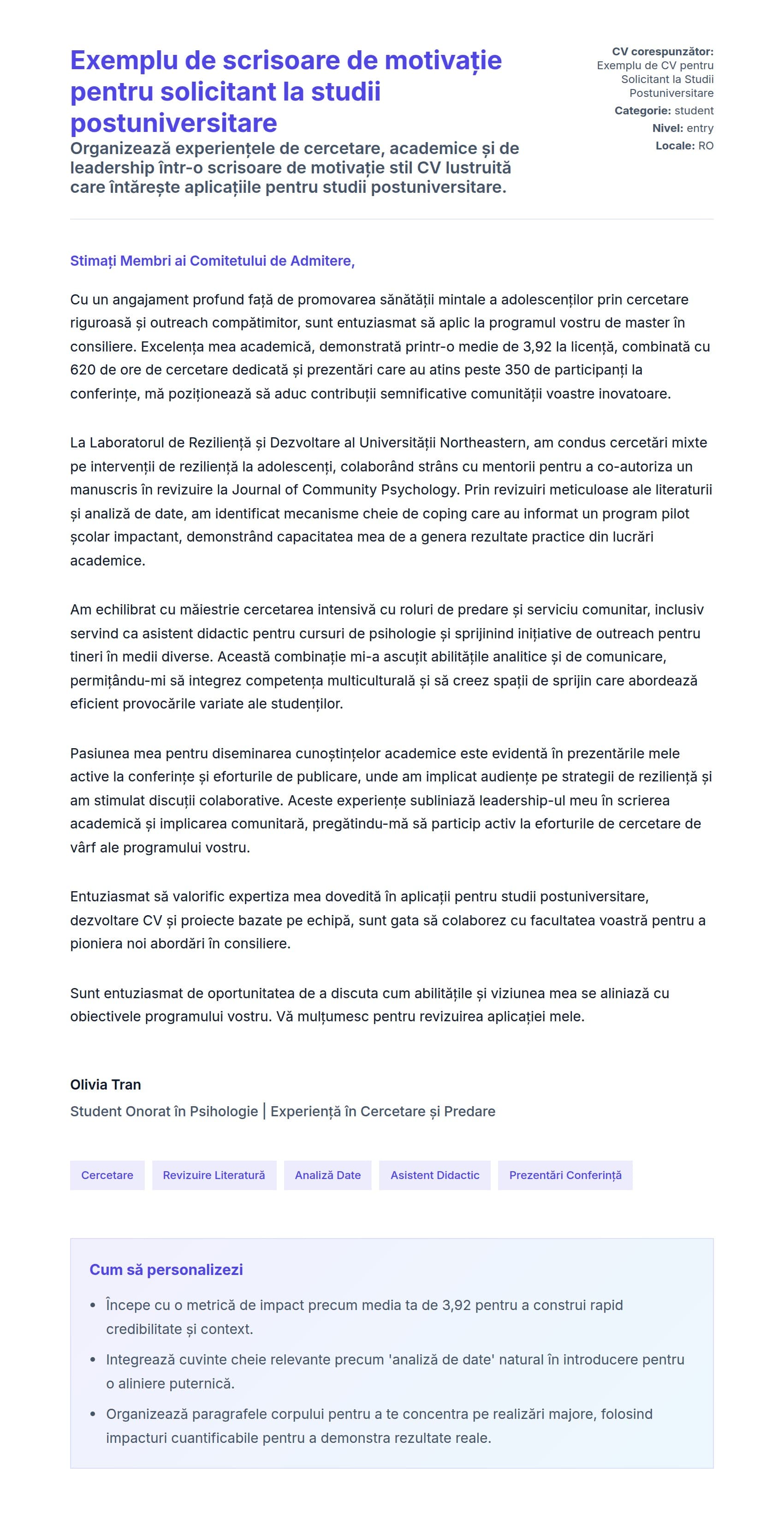 Previzualizare scrisoare de intenție pentru Exemplu de scrisoare de motivație pentru solicitant la studii postuniversitare