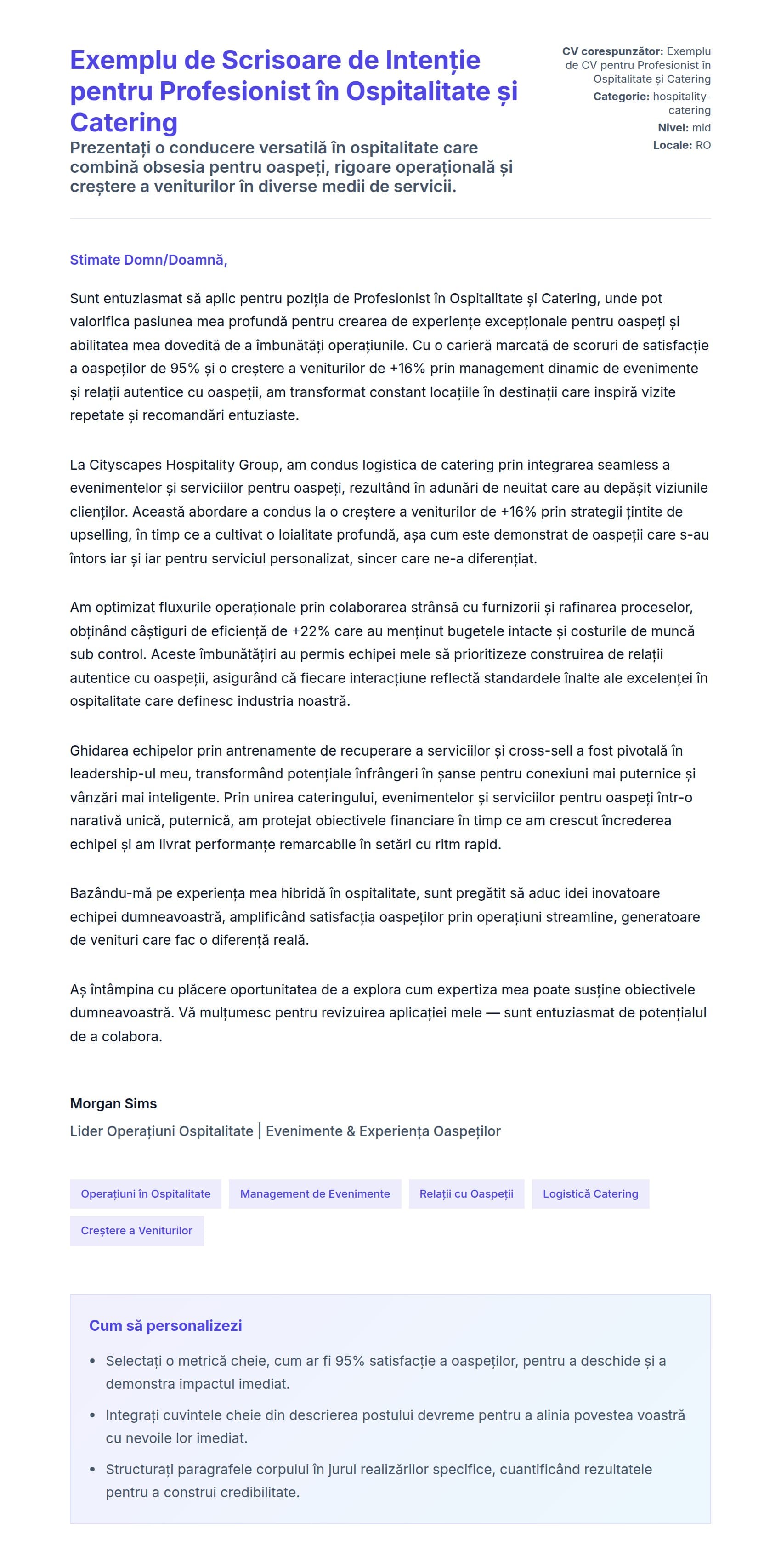 Previzualizare scrisoare de intenție pentru Exemplu de Scrisoare de Intenție pentru Profesionist în Ospitalitate și Catering