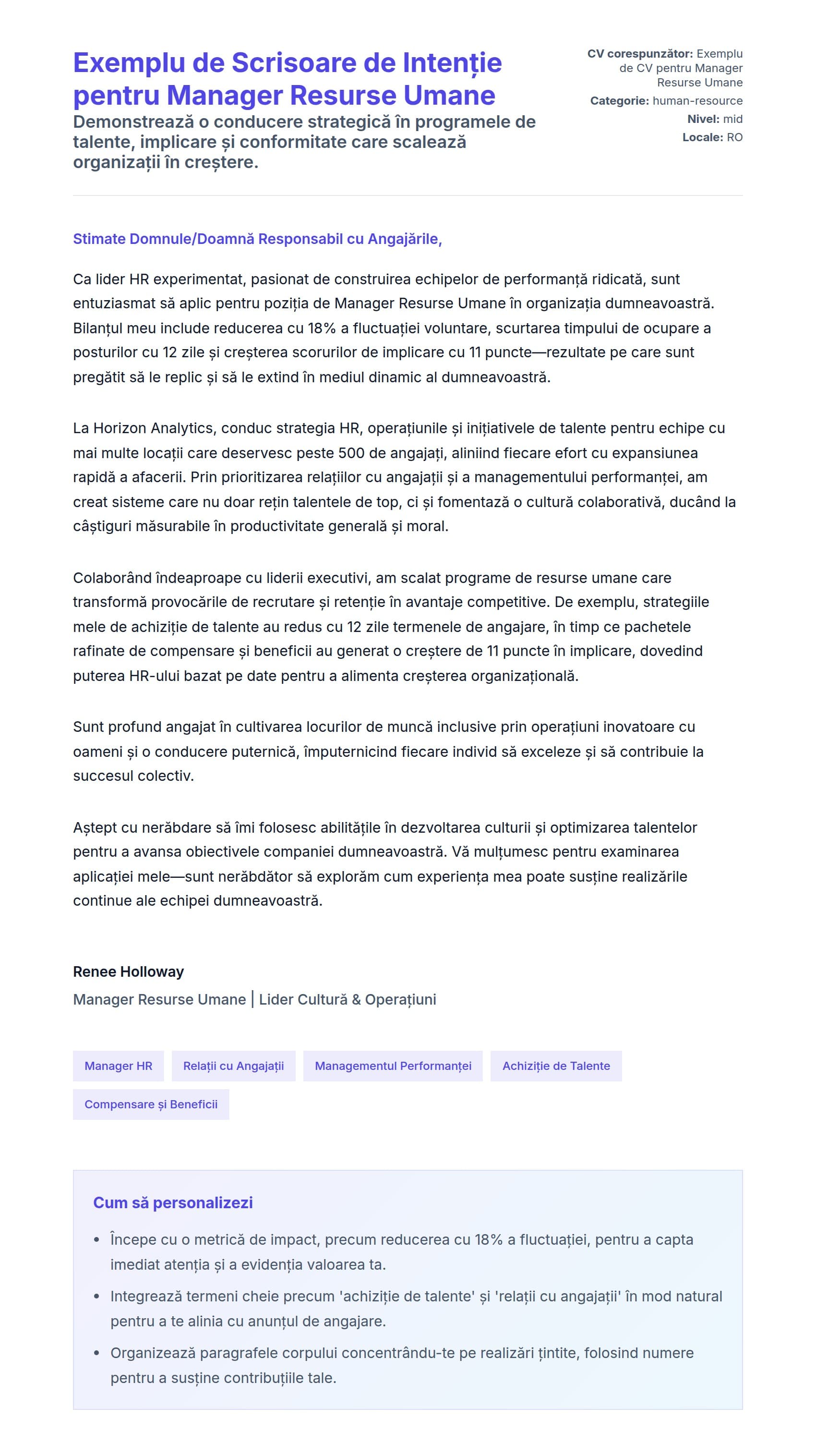 Previzualizare scrisoare de intenție pentru Exemplu de Scrisoare de Intenție pentru Manager Resurse Umane