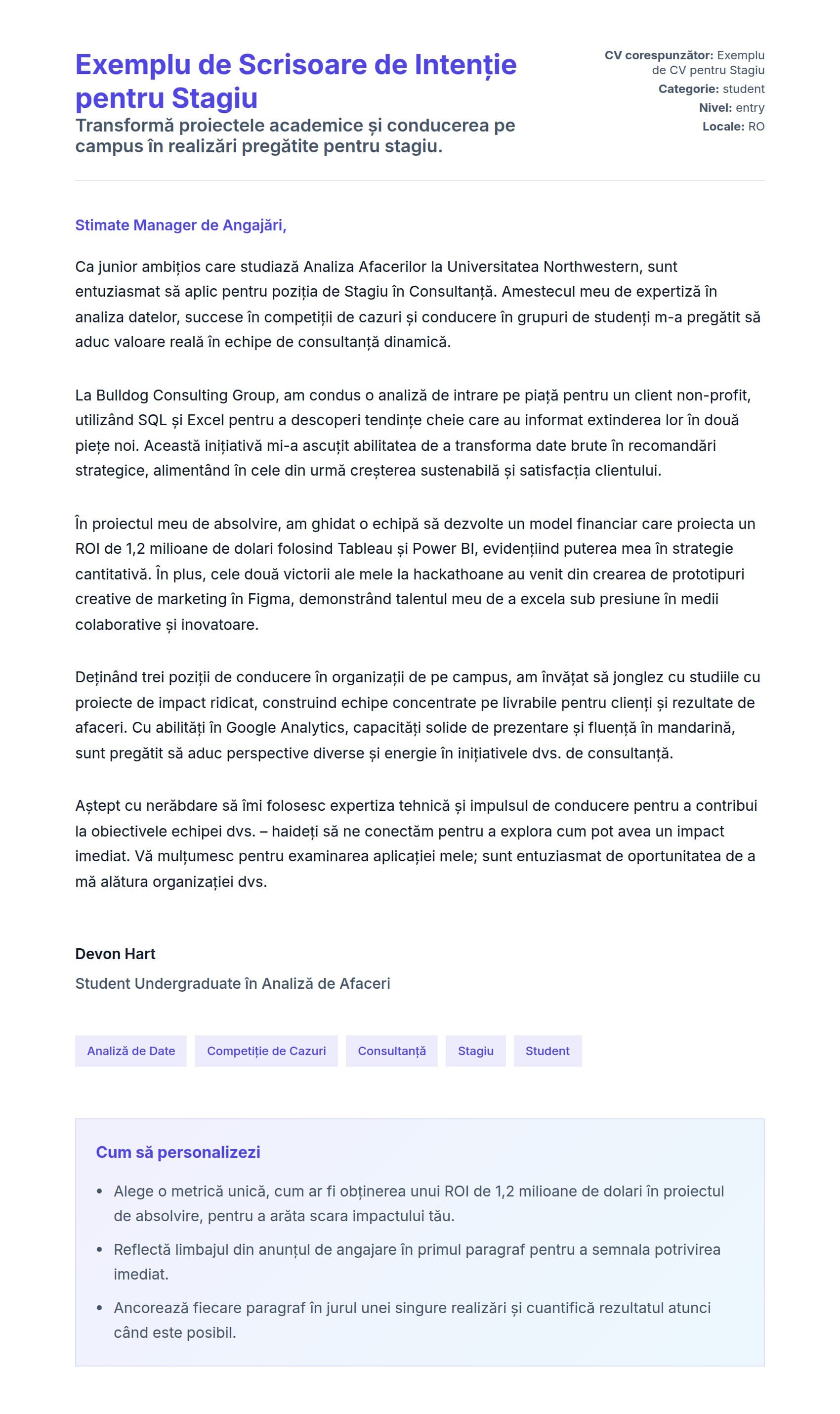Previzualizare scrisoare de intenție pentru Exemplu de Scrisoare de Intenție pentru Stagiu