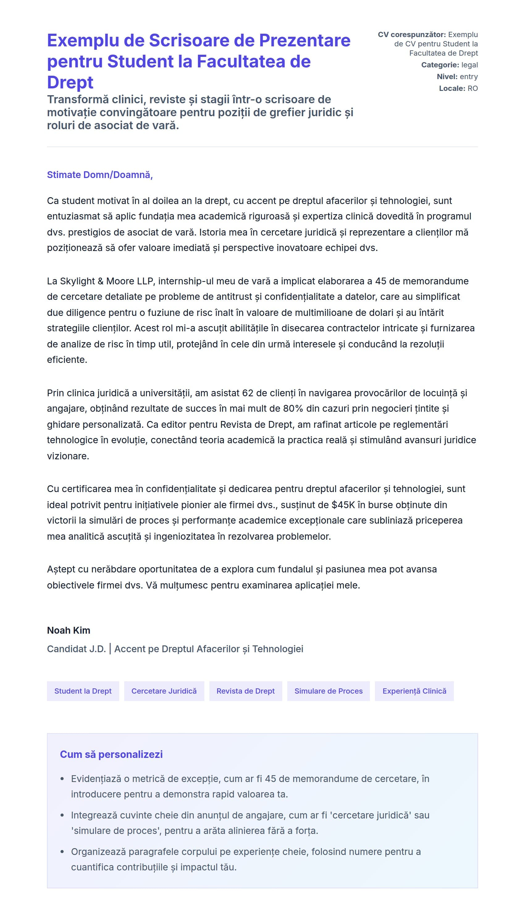 Previzualizare scrisoare de intenție pentru Exemplu de Scrisoare de Prezentare pentru Student la Facultatea de Drept