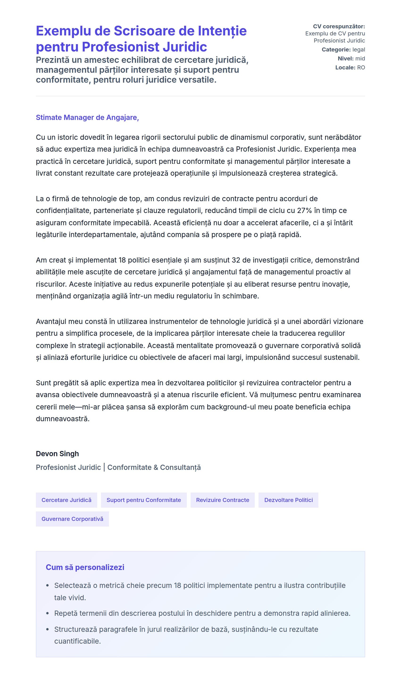 Previzualizare scrisoare de intenție pentru Exemplu de Scrisoare de Intenție pentru Profesionist Juridic