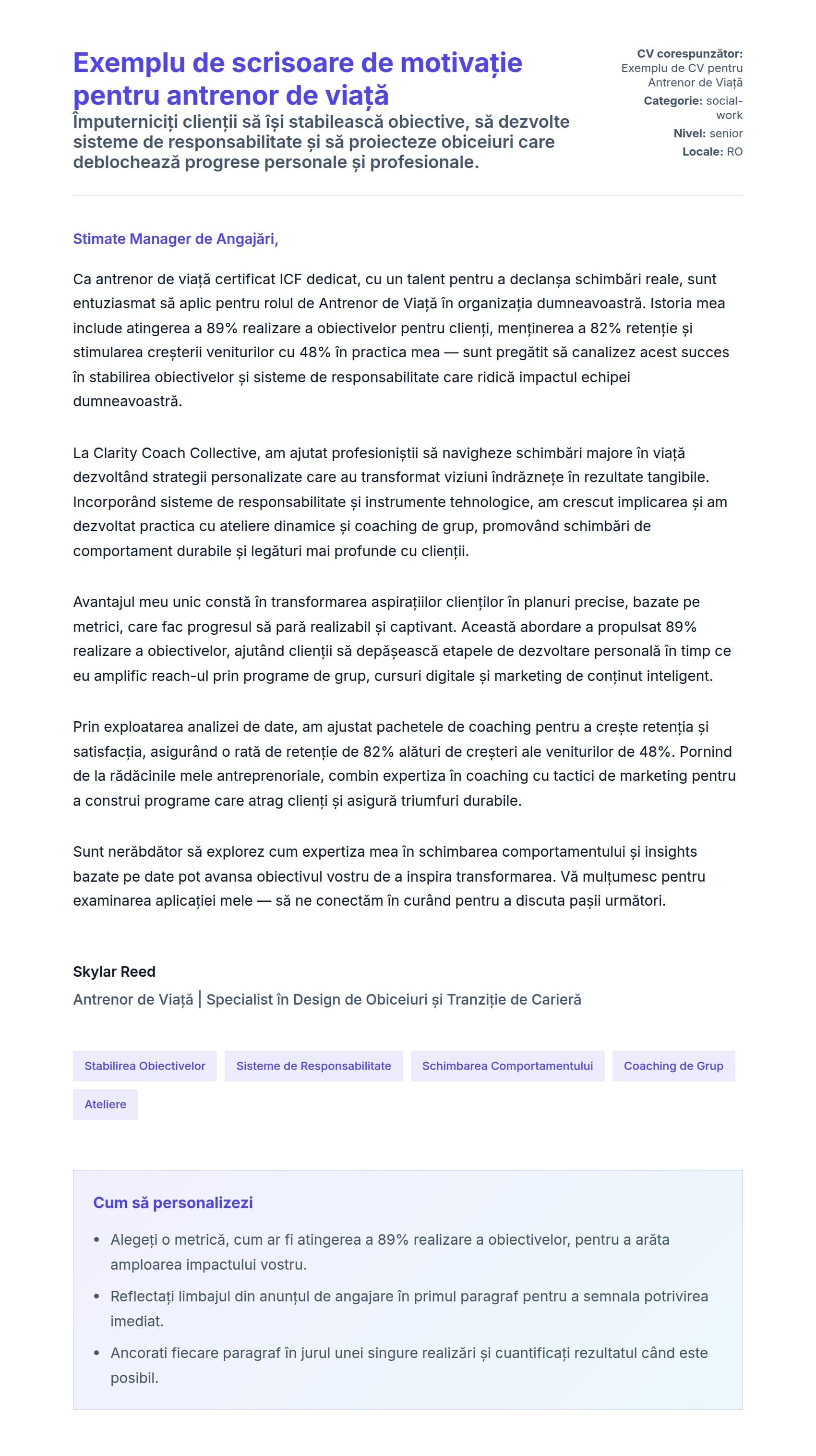 Previzualizare scrisoare de intenție pentru Exemplu de scrisoare de motivație pentru antrenor de viață
