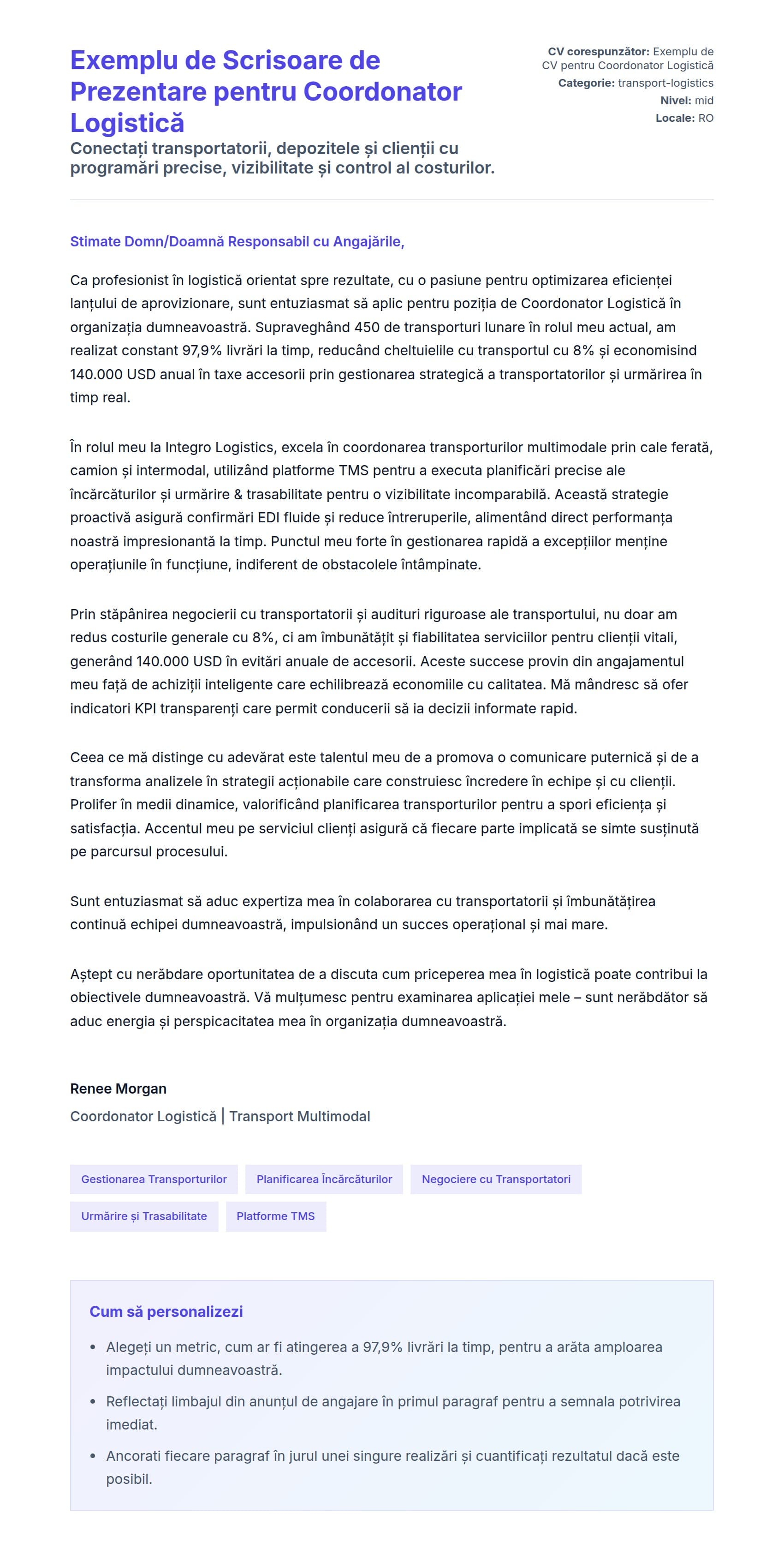 Previzualizare scrisoare de intenție pentru Exemplu de Scrisoare de Prezentare pentru Coordonator Logistică