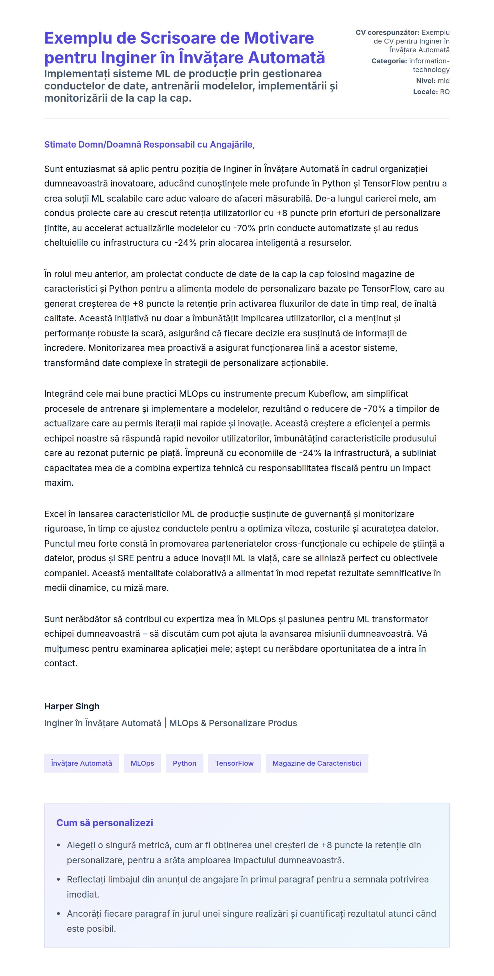 Previzualizare scrisoare de intenție pentru Exemplu de Scrisoare de Motivare pentru Inginer în Învățare Automată