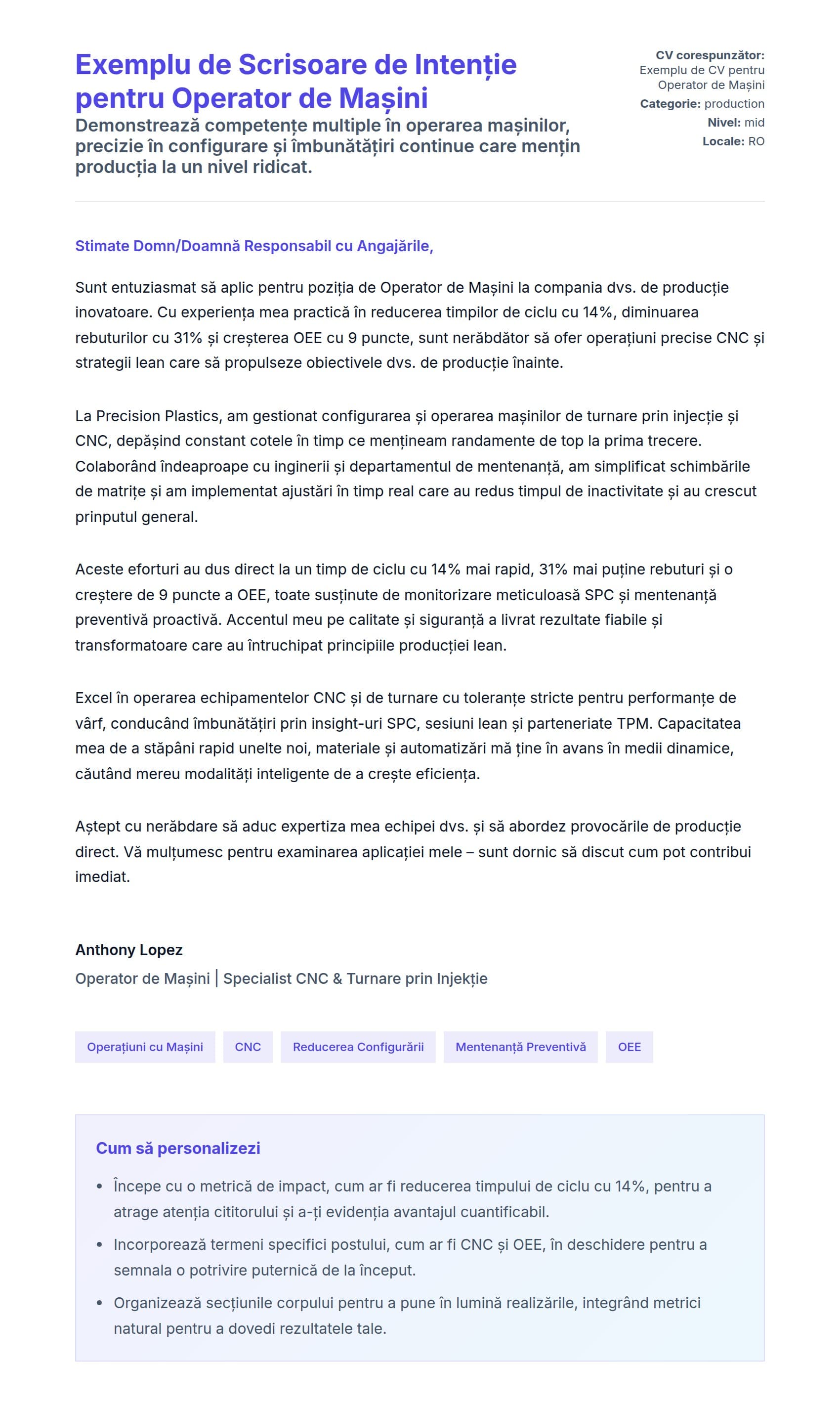Previzualizare scrisoare de intenție pentru Exemplu de Scrisoare de Intenție pentru Operator de Mașini