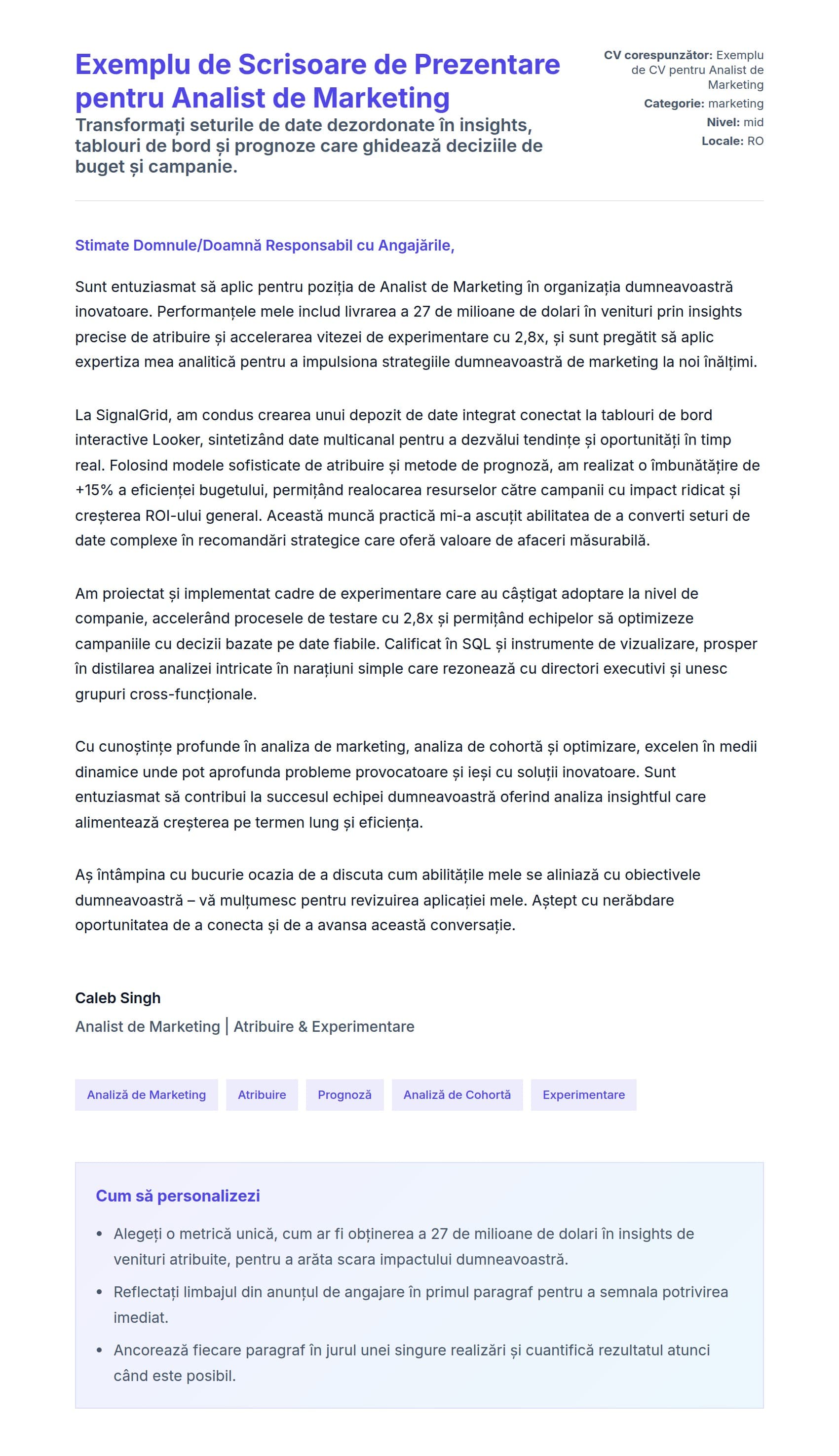 Previzualizare scrisoare de intenție pentru Exemplu de Scrisoare de Prezentare pentru Analist de Marketing