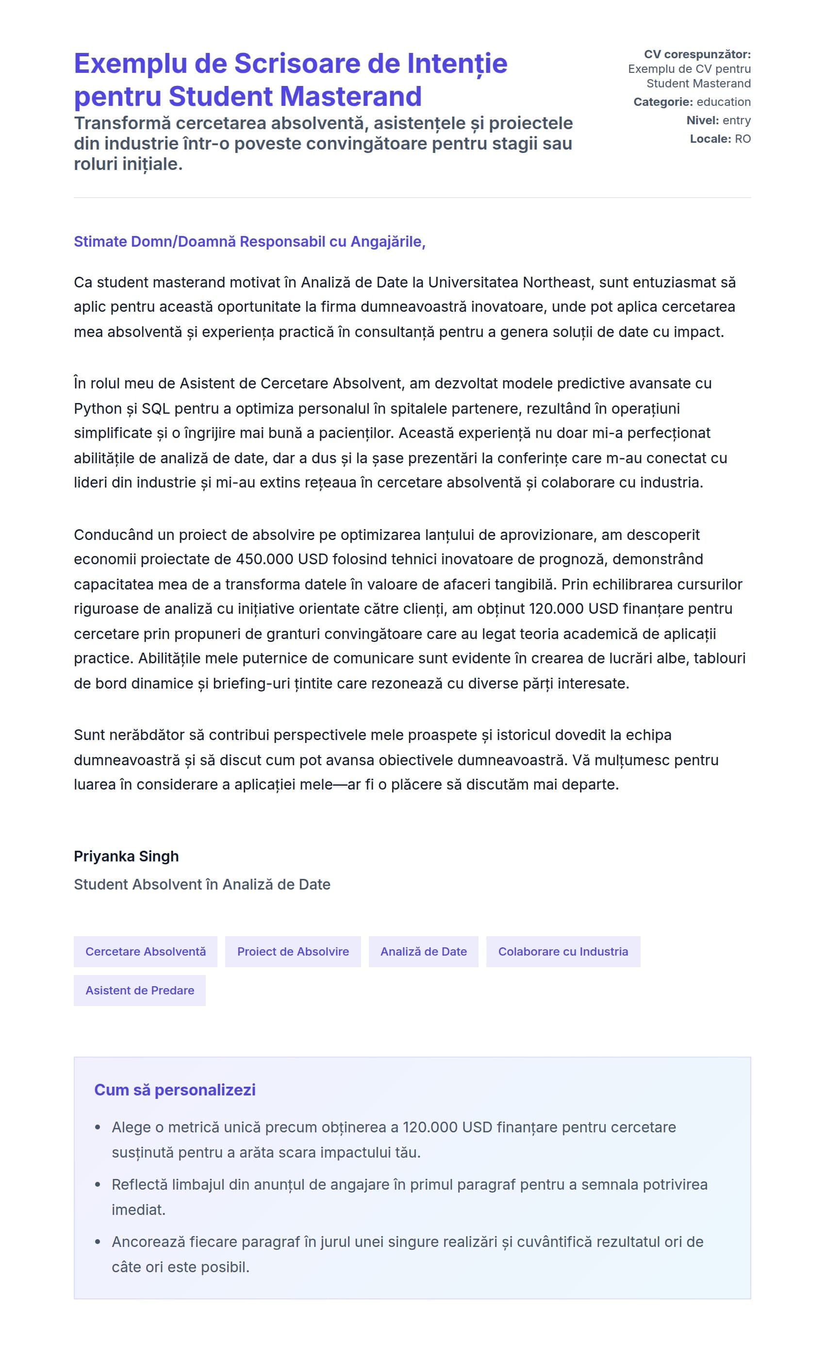 Previzualizare scrisoare de intenție pentru Exemplu de Scrisoare de Intenție pentru Student Masterand