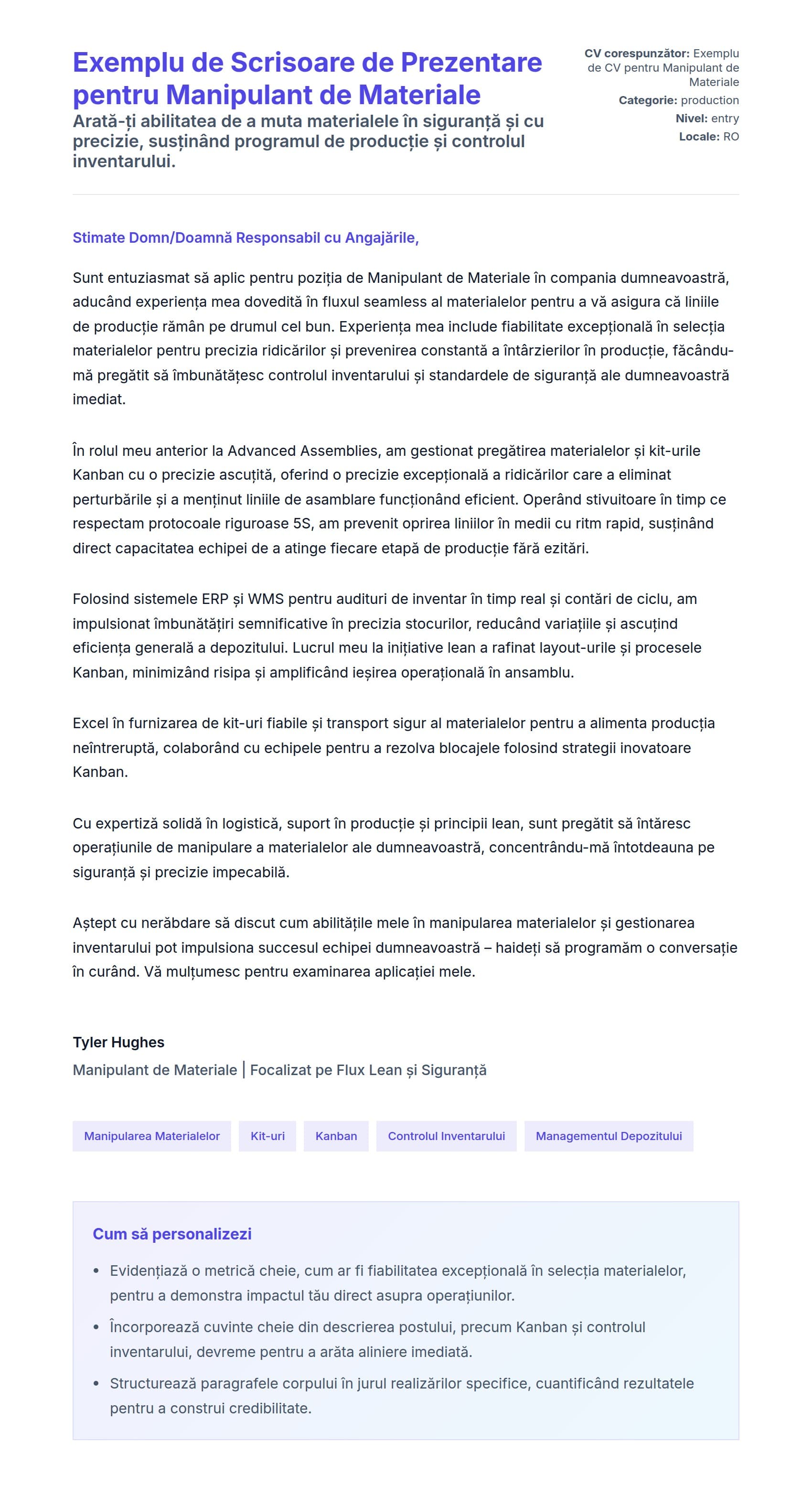 Previzualizare scrisoare de intenție pentru Exemplu de Scrisoare de Prezentare pentru Manipulant de Materiale