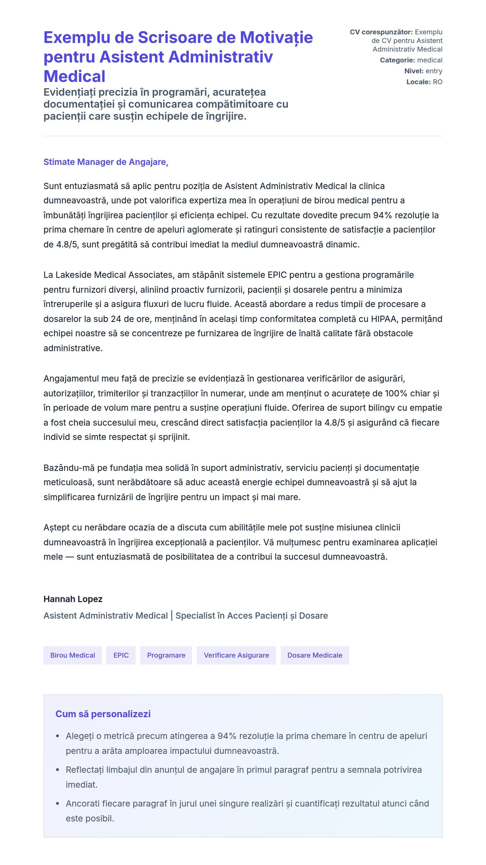 Previzualizare scrisoare de intenție pentru Exemplu de Scrisoare de Motivație pentru Asistent Administrativ Medical
